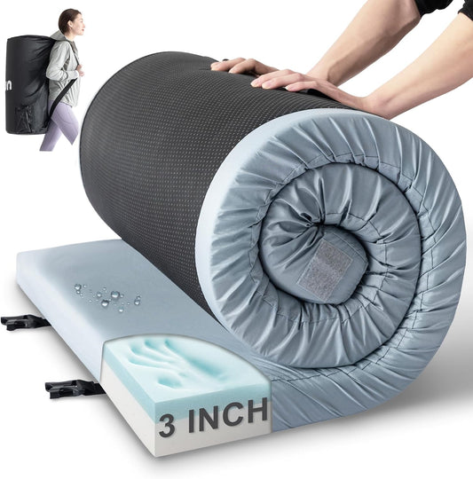 Kingfun Memory Foam Camping Sleeping Pad, CertiPUR-US Camping Mattress Waterproof Roll Up Mattress Guest Bed, Thick Floor Sleeping Mat for Car for Adults with Travel Bag