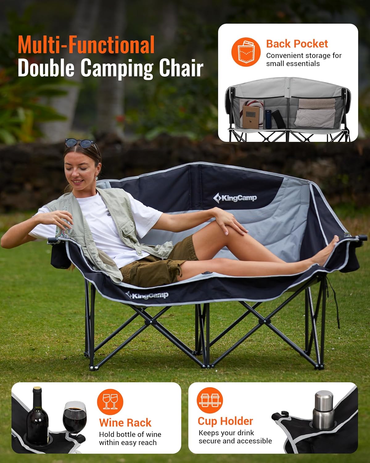 KingCamp Double Camping Chair, Oversized 660lbs Heavy Duty Loveseat for Adults Portable Folding XL 2 Person Couch Padded Comfortable Two Seat with Cup Holder for Outdoor Lawn Backyard, Black/Grey