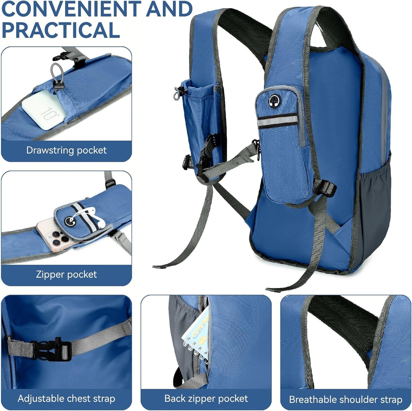 15L Small Hiking Backpack for Men Women Lightweight Packable Backpack Foldable Casual Daypack for Camping Travel Outdoor, Dark Blue