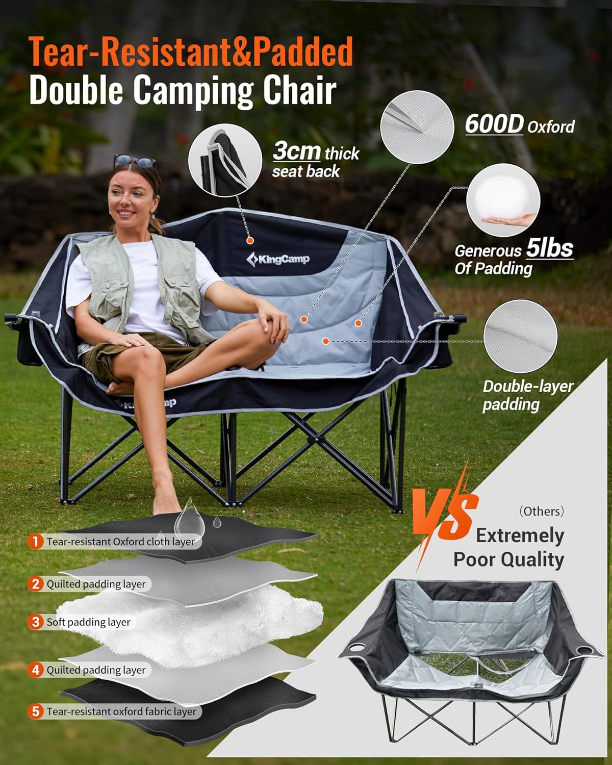 KingCamp Double Camping Chair, Oversized 660lbs Heavy Duty Loveseat for Adults Portable Folding XL 2 Person Couch Padded Comfortable Two Seat with Cup Holder for Outdoor Lawn Backyard, Black/Grey