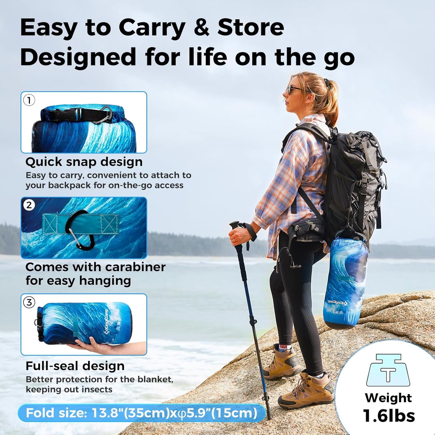 KingCamp Ultralight Camping Blanket, Packable Down Alternative Puffy Printed Wearable Blanket with Snap Buttons & Corner Loops Weatherproof Quilt for Outdoor Travel Stadium (79"L x 57"W SEAWAVE)