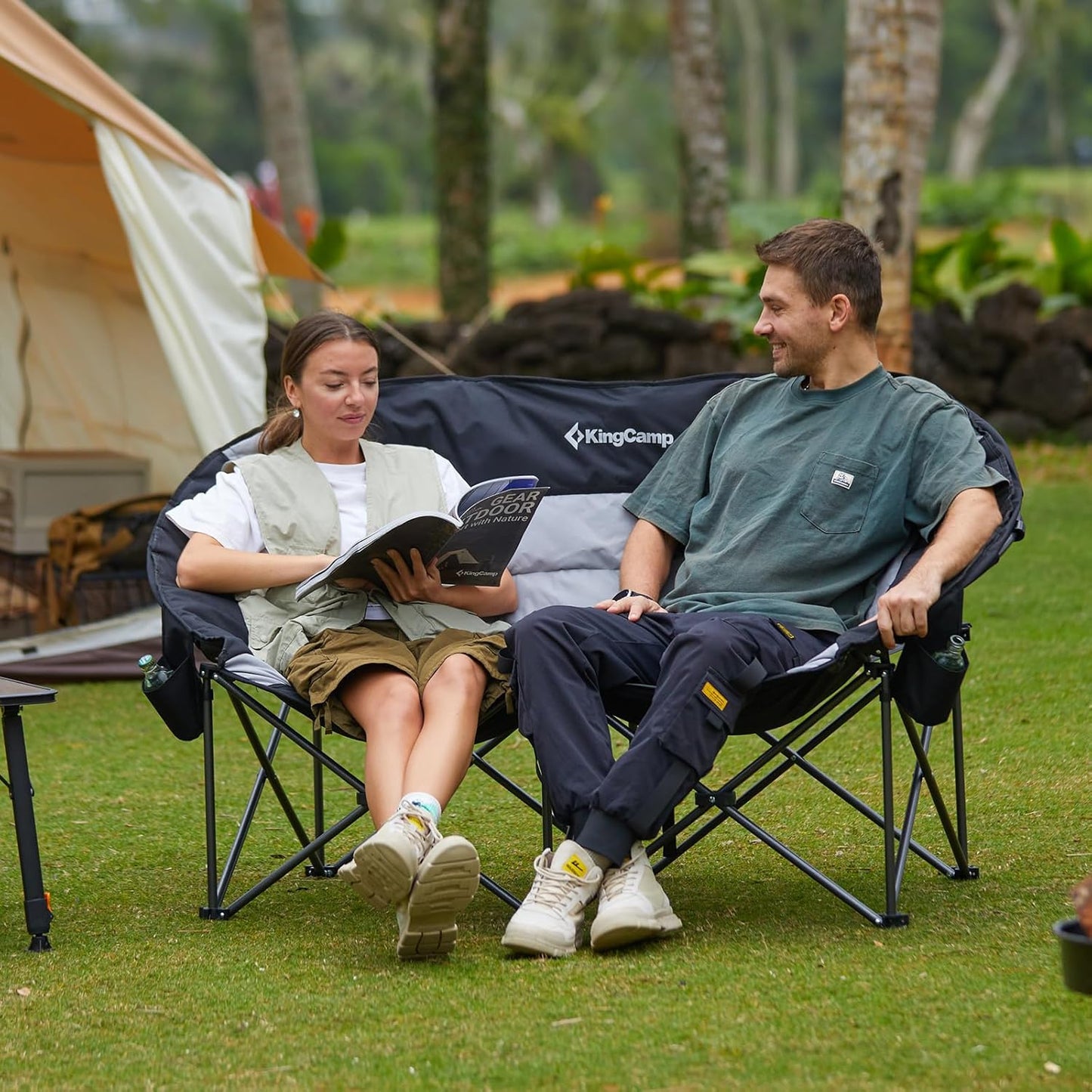 KingCamp Double Camping Chair, Oversized 660lbs Heavy Duty Loveseat for Adults Portable Folding XL 2 Person Moon Couch Padded Comfortable Two Seat with Cooler Bag for Outdoor Lawn, Saucer Chair