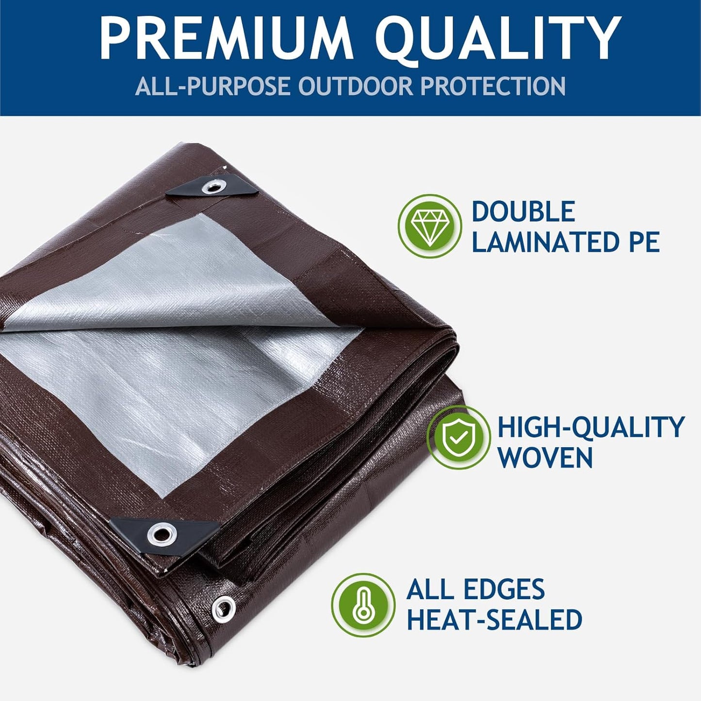 10 Mil Heavy Duty Waterproof Tarps, 10x12 Ft Finished Size Tarps, Premium Tarp with Metal Grommets & Reinforced Edge, Multipurpose Thick Tarp for Car, Boat, Roof, Camping - 2 Pack, Brown