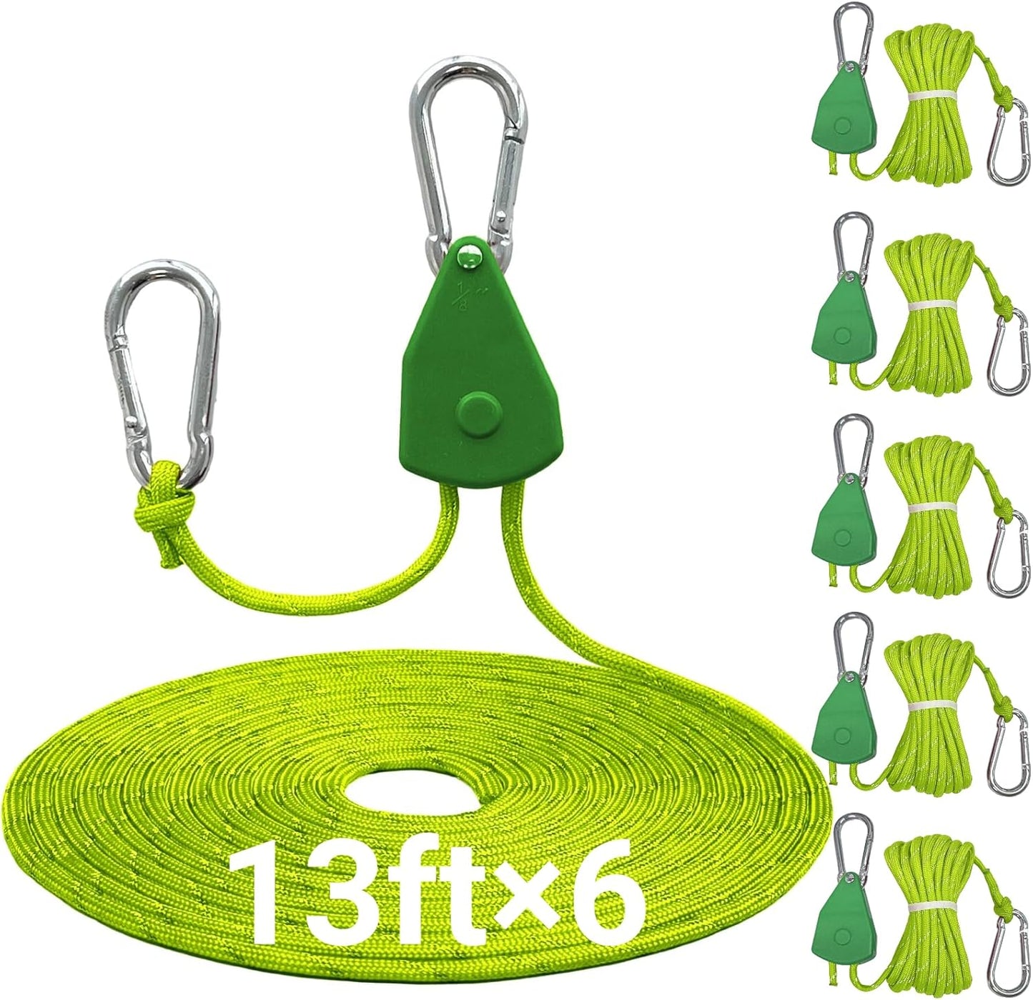 13ft Adjustable Outdoor Windproof Rope Ratchet Strap Tie Down Straps Small Mini Reflctive Paracord Rope Tent Hanger Grow Light Kayak 5/32" Green 6 Pack