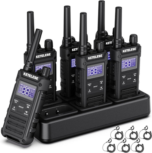 KETELESE T3G Heavy Duty Walkie Talkies Type-C Rechargeable, IP67 Waterproof 2 Way Radios with Earpiece, Adapter, Dock, PTT Group, NOAA, VOX, 6 Pack Walkie Talkie for Adult Black/Grey