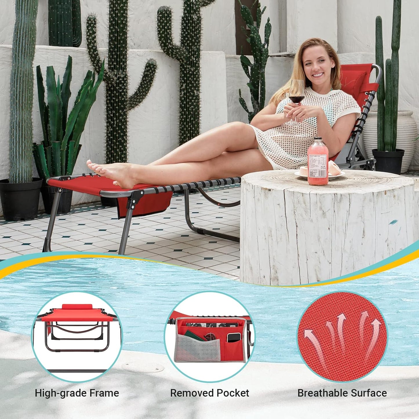 #WEJOY Outdoor Folding Chaise Lounge Chair for Outside, Patio, Beach, Poolside, Sunbathing, Adjustable 5-Position Reclining Chairs, Heavy Duty Camping Cot with Shoulder Strap and Pillow, Red