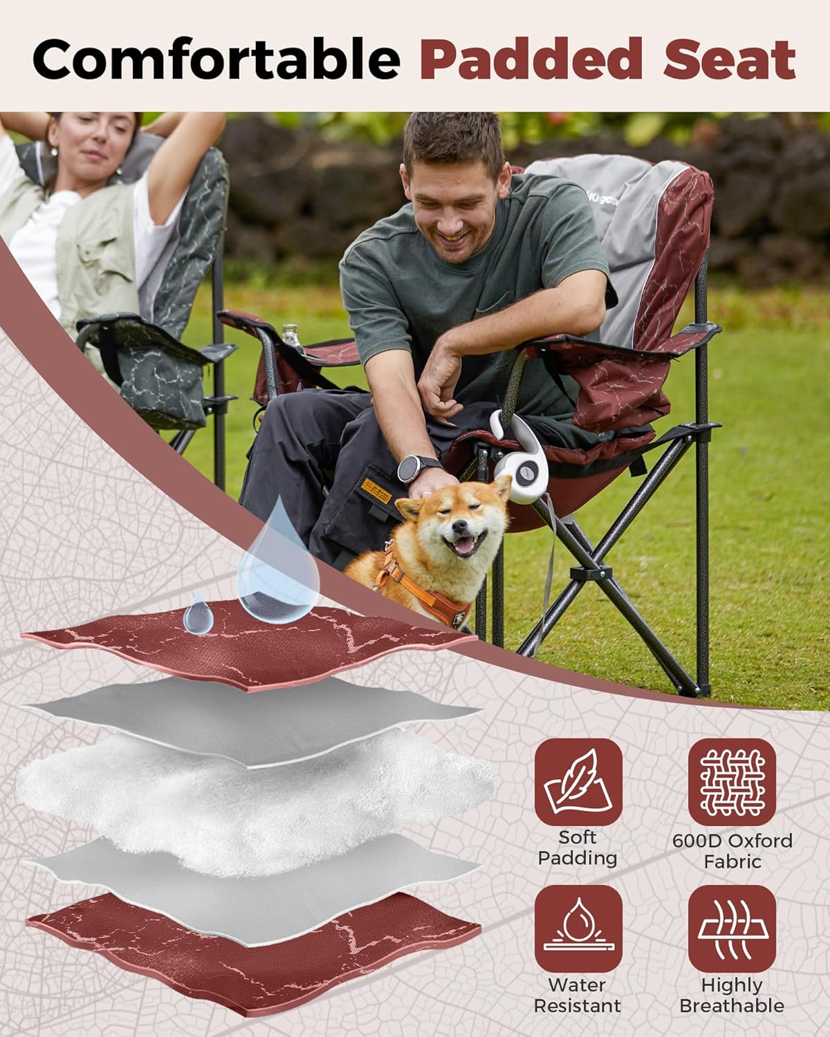 KingCamp Oversized Camping Folding Chair, Heavy Duty 450 LBS with Lumbar Support, Padded seat with Cup Holder&Cooler Bag, Ideal for Camp, Fishing, Sports Event, Backyard, Patio, Lawn(Lava Red)