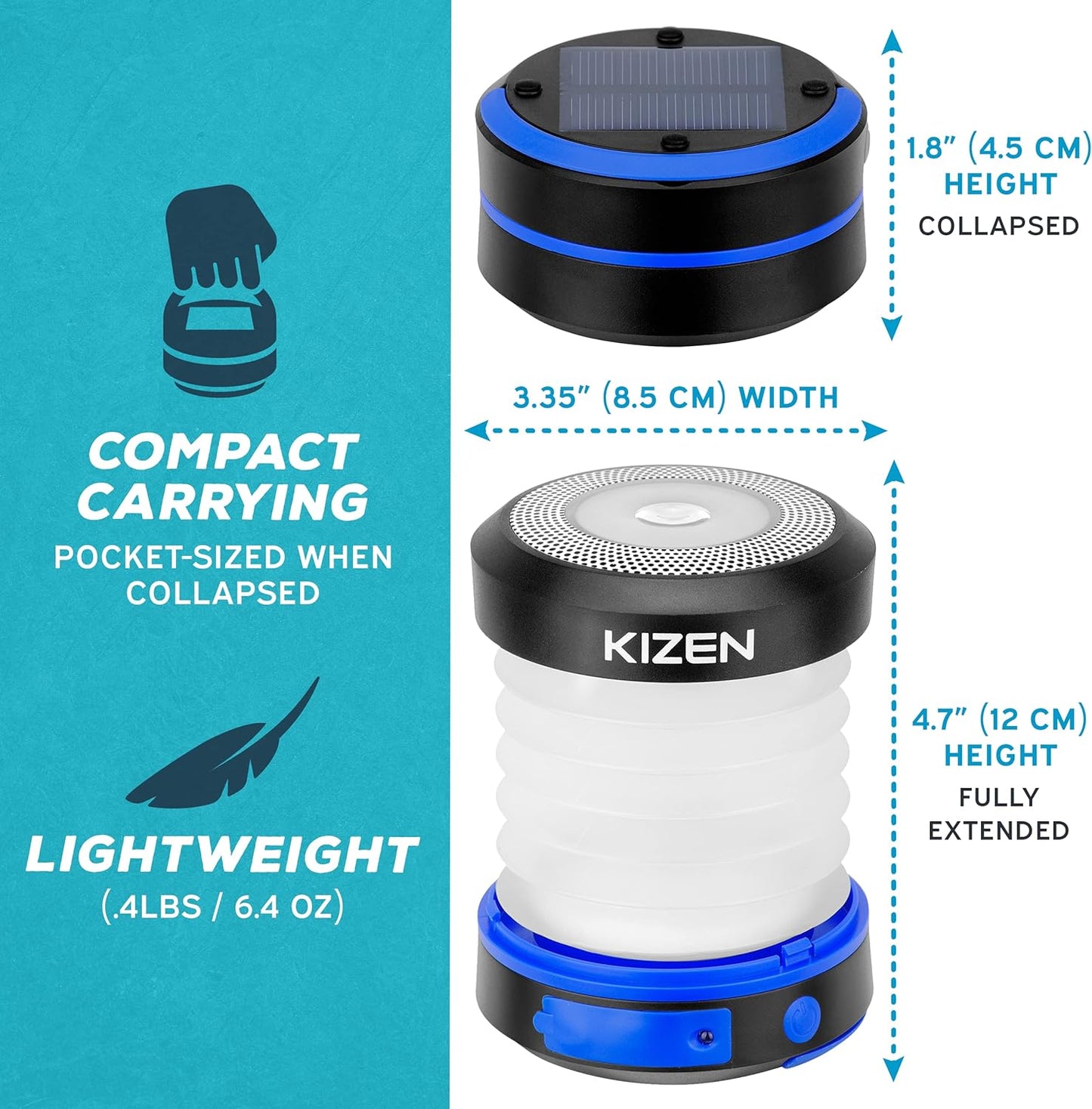 Kizen Solar Camping Lantern Rechargeable - LED Lanterns for Power Outages, & Camping Lights - Collapsible & Rechargeable Lamp with Solar or Plug - Hiking Gear