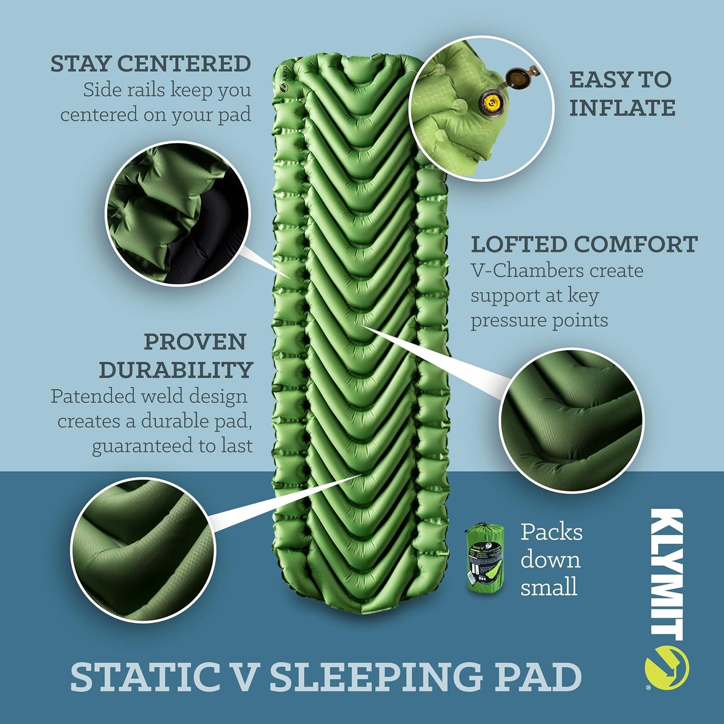 Klymit Static V Luxe and Static V Inflatable Sleeping Pads Bundle with V-Shaped Design for Comfortable Camping