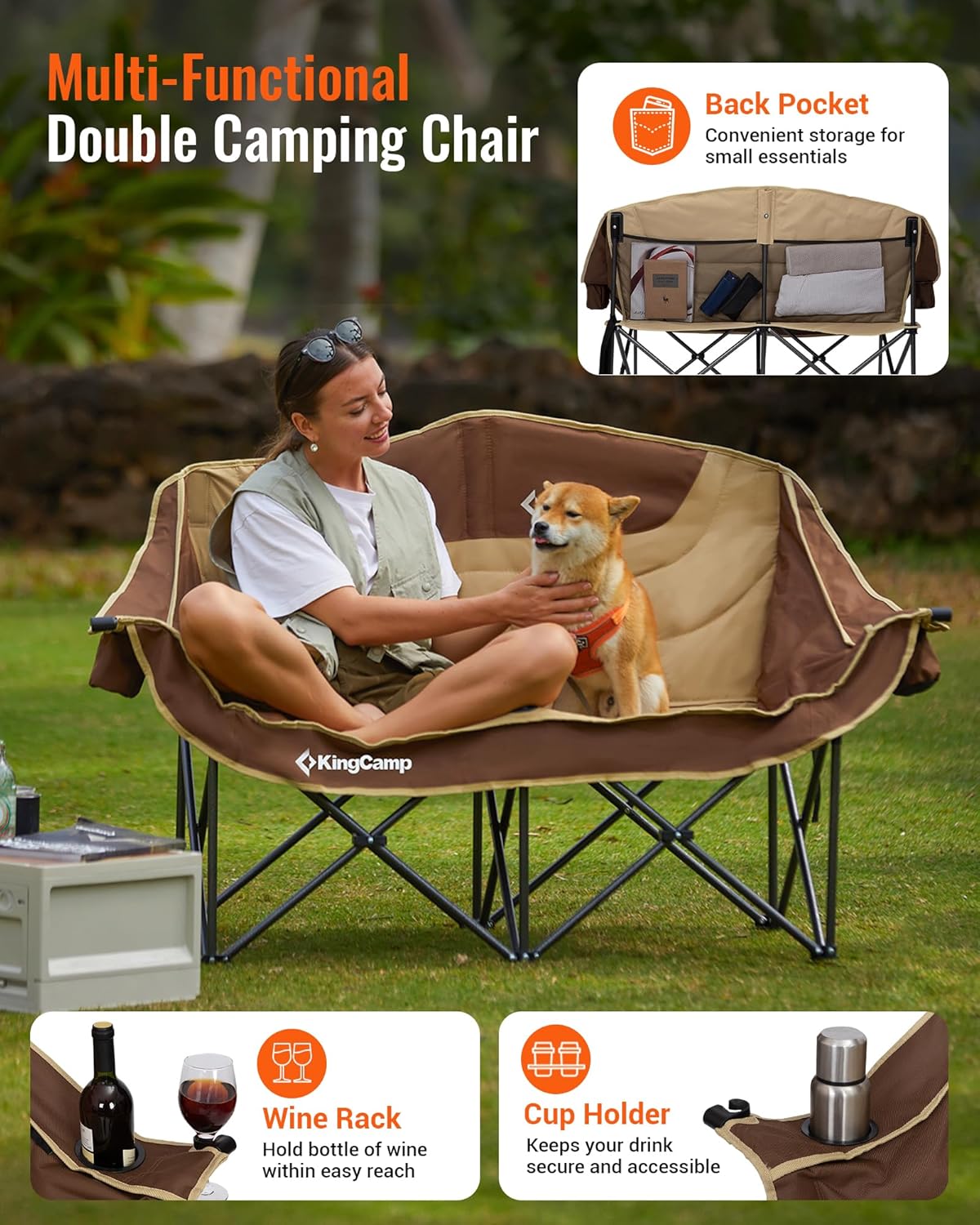KingCamp Double Camping Chair, Oversized 660lbs Heavy Duty Loveseat for Adults Portable Folding XL 2 Person Couch Padded Comfortable Two Seat with Cup Holder for Outdoor Lawn Backyard, Khaki/Coffee