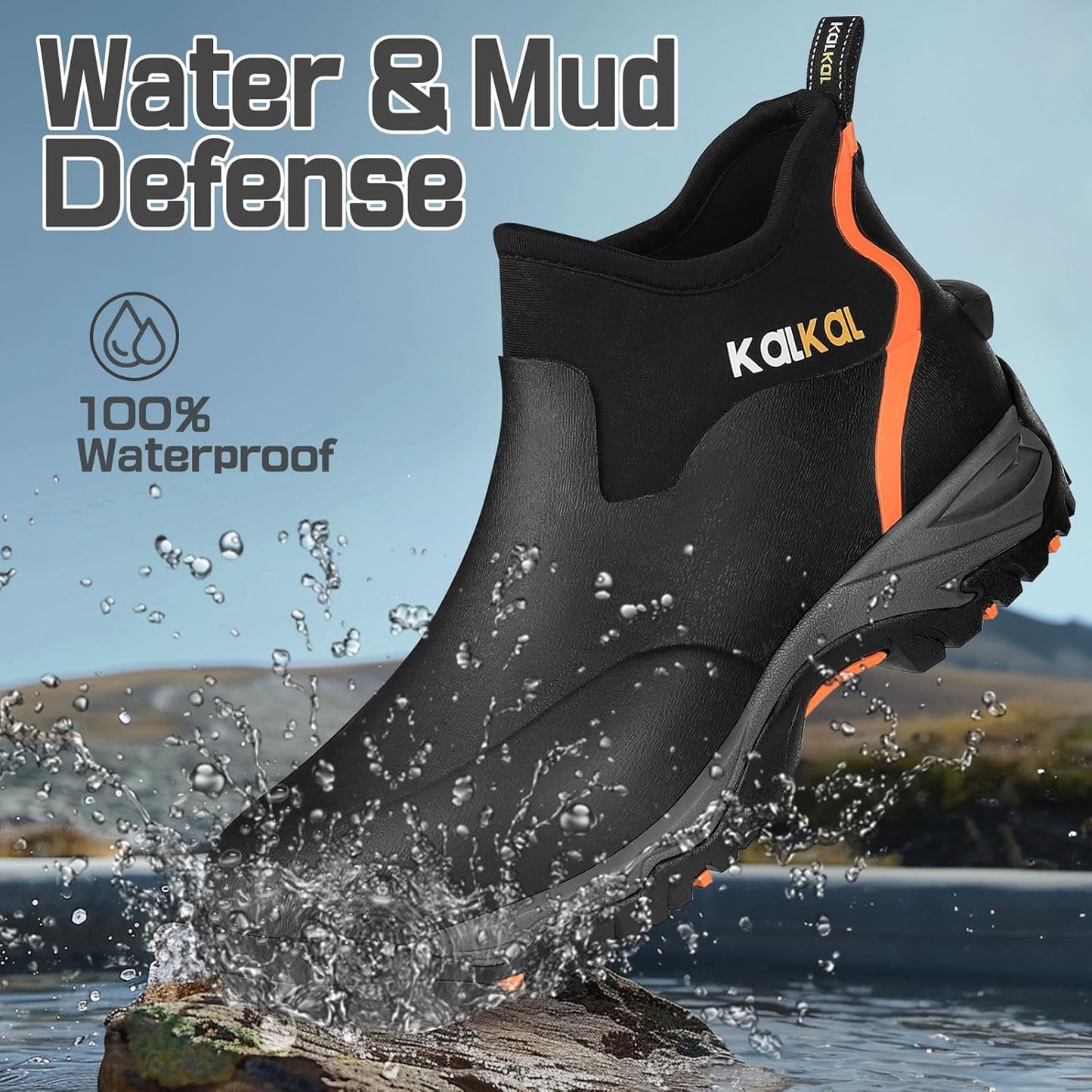 Kalkal Men's Rubber Boots, Waterproof Ankle Rain Boots, Insulated Working Booties with Comfortable Sports Sole, Outdoor Mud Boots for Yard Chore