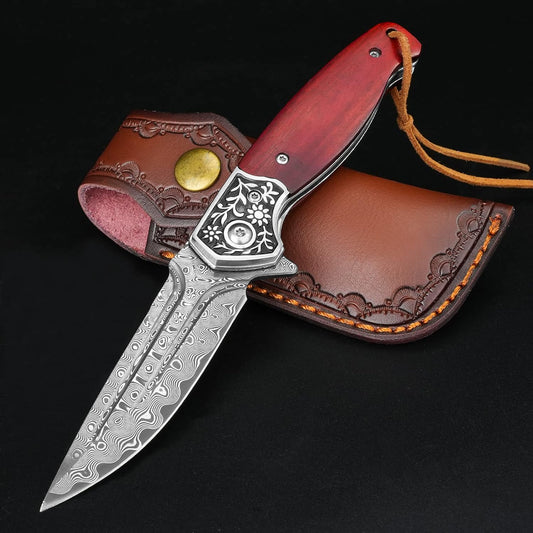 KOMWERO Damascus Pocket Knife, VG10 Damascus Steel Folding Knife with Wood Handle, Leather Sheath, Liner Lock, EDC Knife for Outdoor Survival Hunting Collection