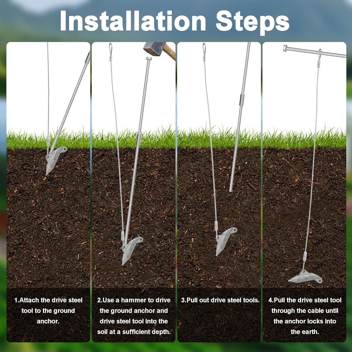 (12 Pack) Drive-In Ground Earth Anchors with Rod, 30inch Cable Earth Anchor Heavy Duty for High Winds, Easy Hook Anchor for Fixing Shed, Carports, Tent, Swing Set, Greenhouse, Gazebo.