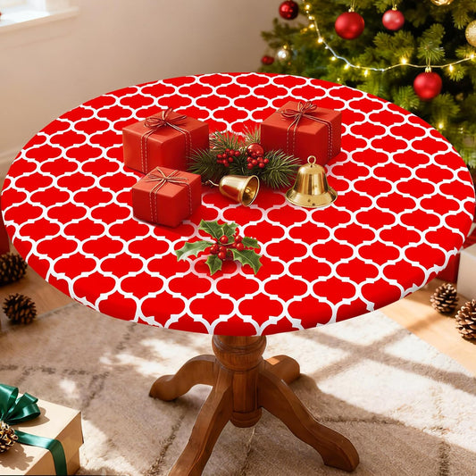Smiry Round Picnic Tablecloth, Waterproof Elastic Fitted Table Covers for 45" - 56" Tables, Wipeable Flannel Backed Vinyl Tablecloths for Camping, Indoor, Outdoor, Red & White