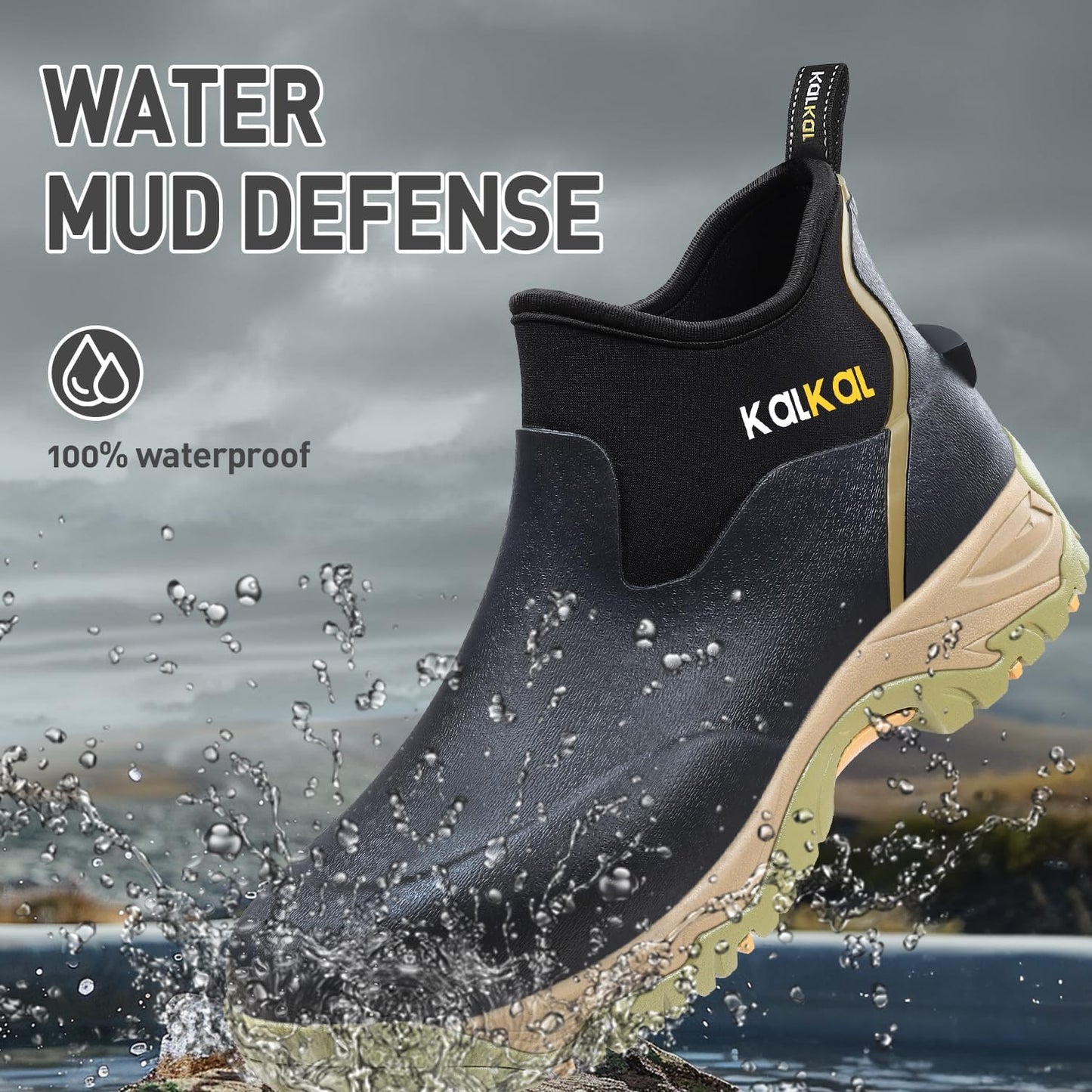 Kalkal Men's Rubber Boots, Waterproof Ankle Rain Boots, Insulated Working Booties with Comfortable Sports Sole, Outdoor Mud Boots for Yard Chore