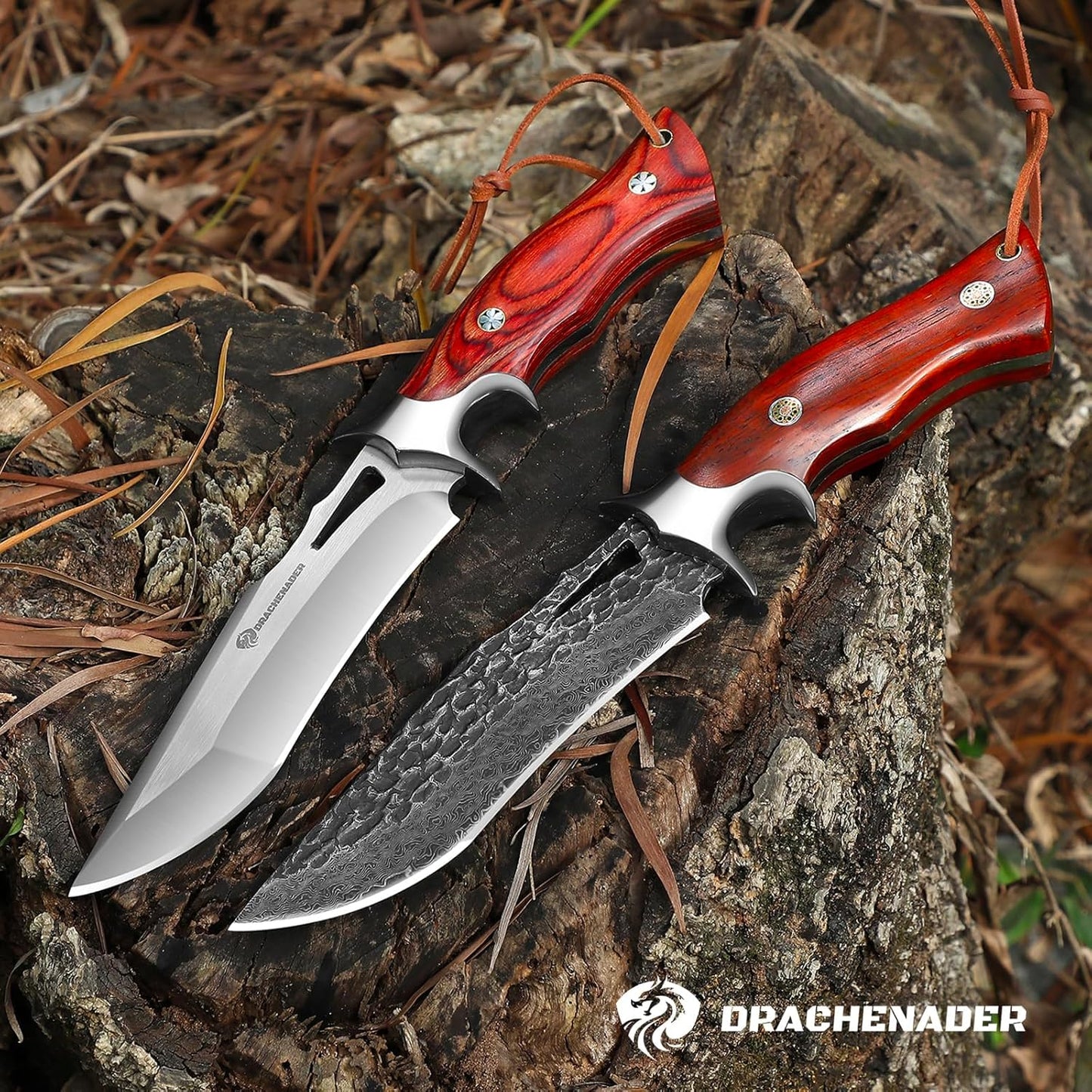 10.24" M390 Knives Hunting Knife Fixed Blade with Leather Sheath, Bushcraft Full Tang Knife Non-slip Red Coloured Wooden Handle
