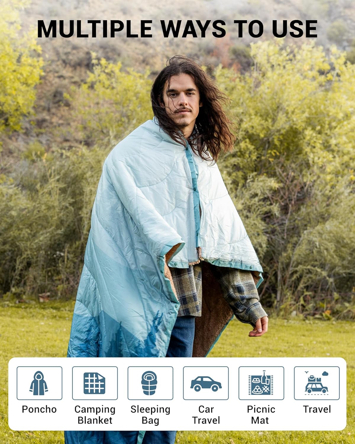 KingCamp Large Camping Blanket with Sherpa Lining, Packable Down Alternative Puffy Printed Wearable Blanket with Snap Buttons, Warm Weatherproof Quilt for Outdoor Travel (79" L x 57" W, Cyan)