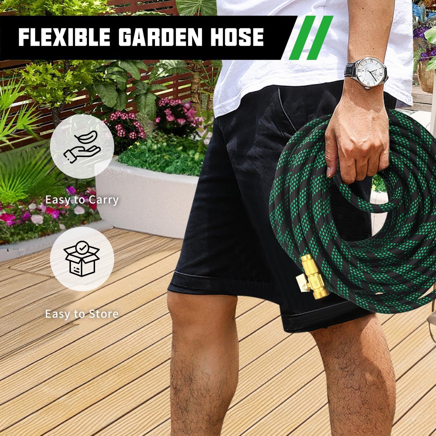 100FT Premium Garden Hose Ultra Lightweight Non-Expanding Design 100 FT Watering Hose with 10 Function Nozzle, Kink & Tangle-Free, Leakproof & Pressure Resistant for Yard/Lawn/Camping (Black&Green)