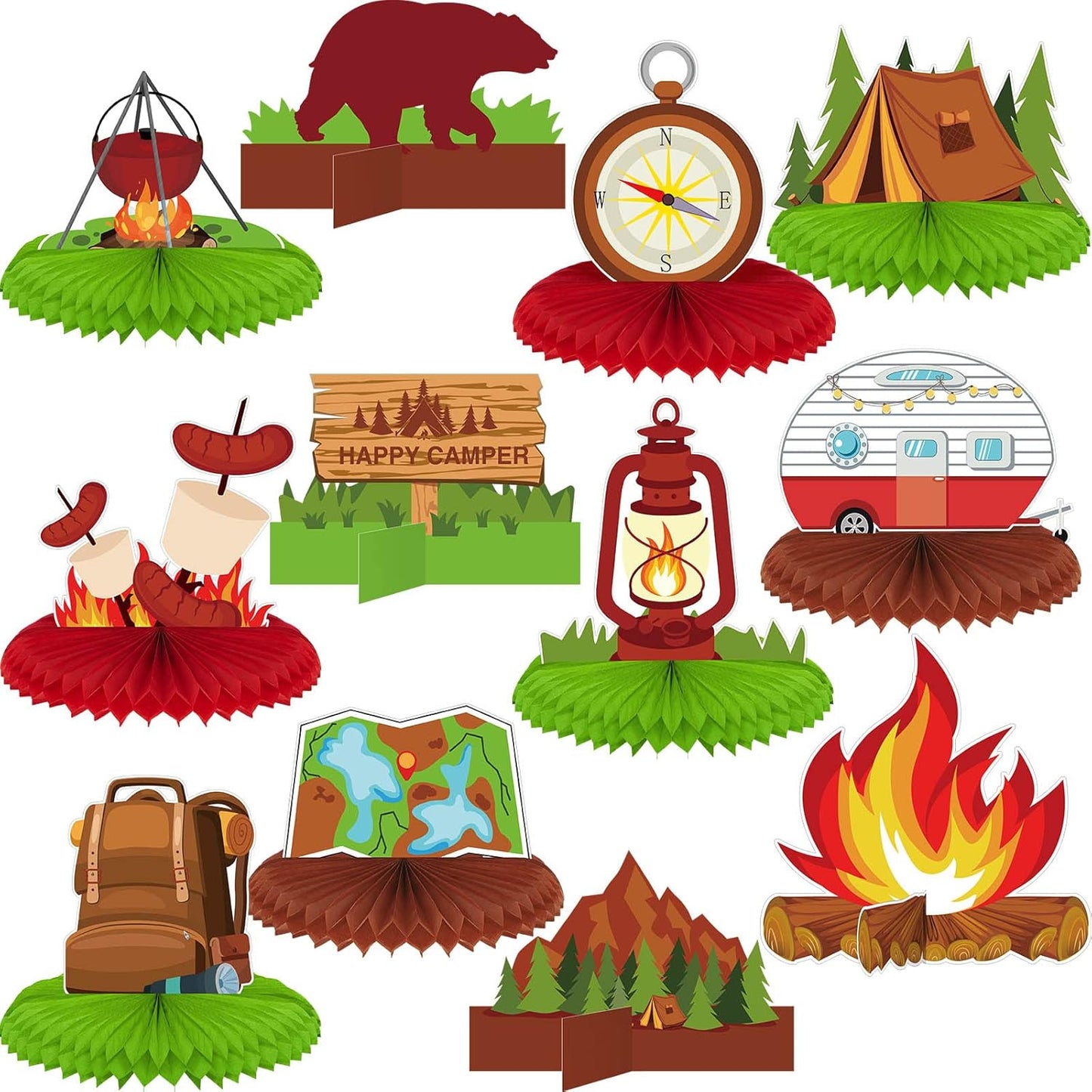 12 Pieces Camping Honeycomb Centerpieces Camping Decorations Party Supplies Campfire Table Centerpieces Adventure Cake Toppers Bears Tent 3D Photo Props Decorations