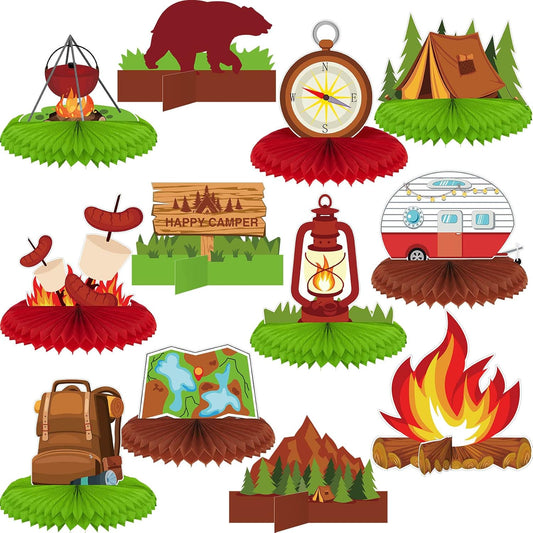 12 Pieces Camping Honeycomb Centerpieces Camping Decorations Party Supplies Campfire Table Centerpieces Adventure Cake Toppers Bears Tent 3D Photo Props Decorations