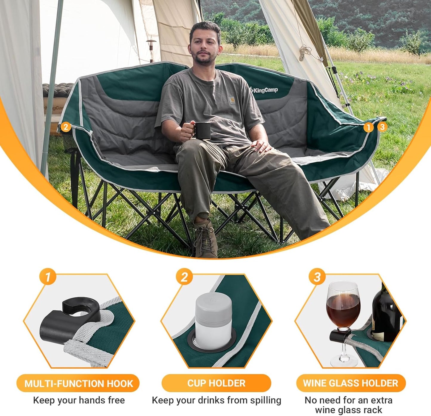 KingCamp 3 Person Camping Chair, Oversized 660lbs Heavy Duty Loveseat for Adults Portable Folding XL 2 Person Couch Padded Comfortable Three Seat with Cup Holder for Outdoor Lawn Backyard, Green/Grey