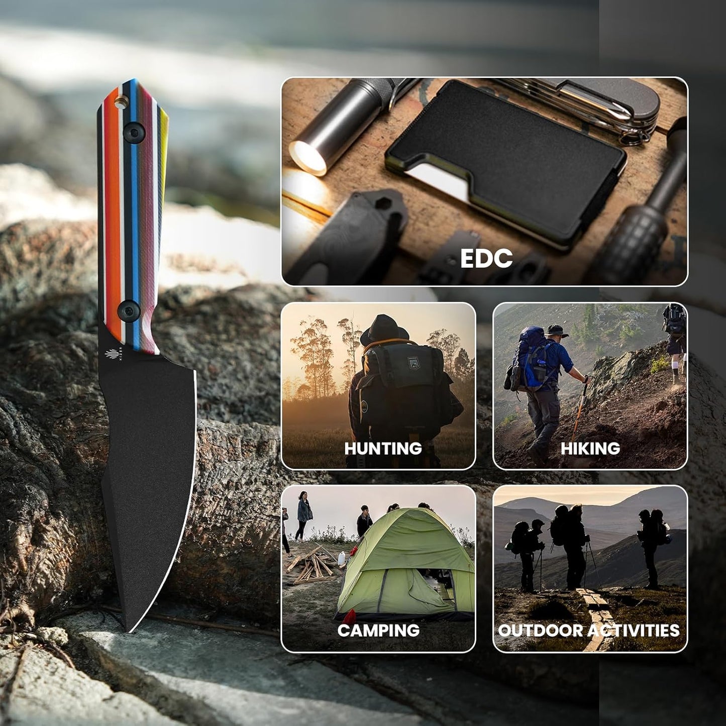 Kizer Harpoon Fixed Blade Knife with Sheath, 3.84” D2 Blade Hunting Knife with G10 Handle, Camping Fixed Blade EDC Knives for Hiking, Survival 1040M2