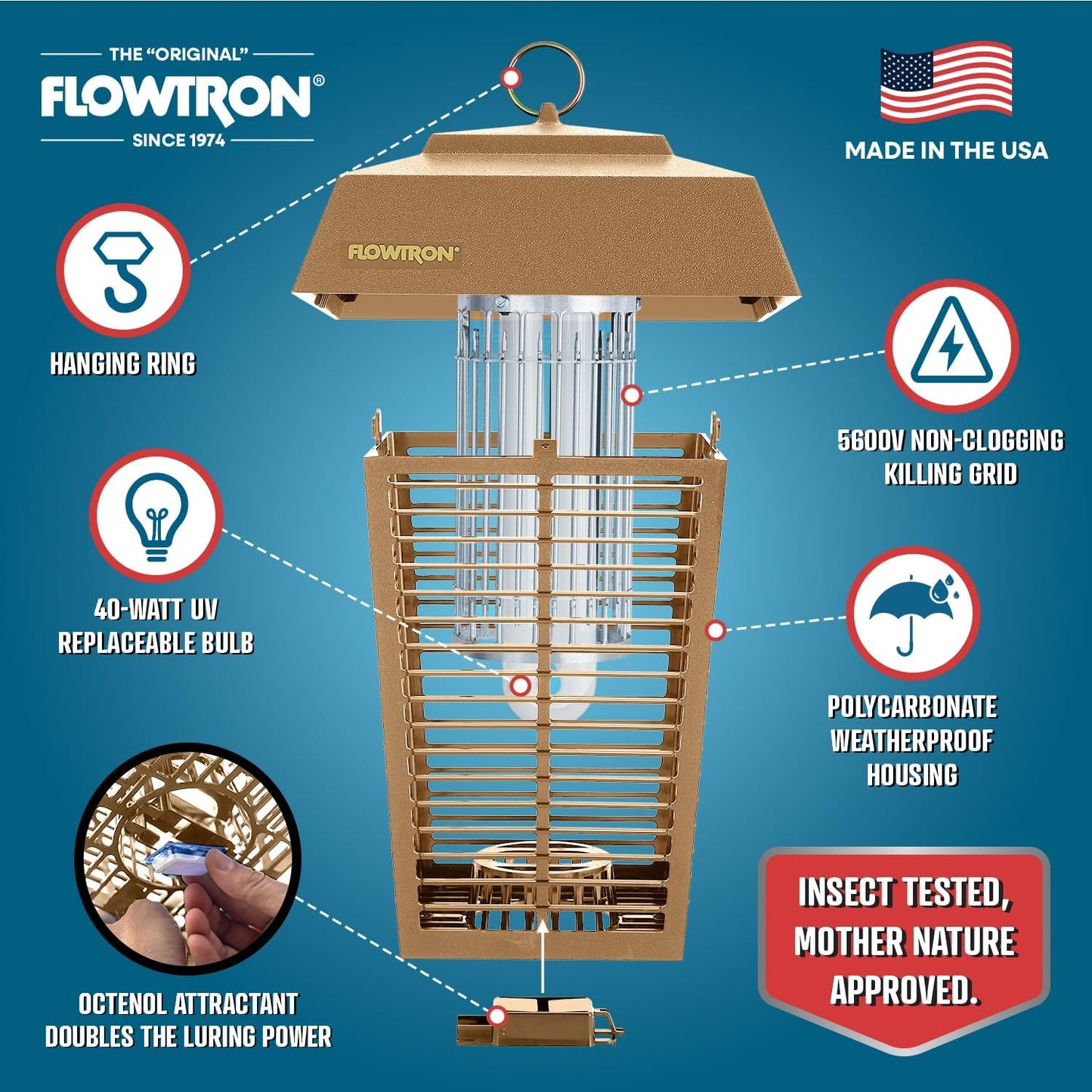 Flowtron Bug Zapper, 1 Acre of Outdoor Coverage with Powerful 40W Bulb & 5600V Instant Killing Grid, Electric Insect, Fly & Mosquito Zapper, Made in The USA - Tan Color