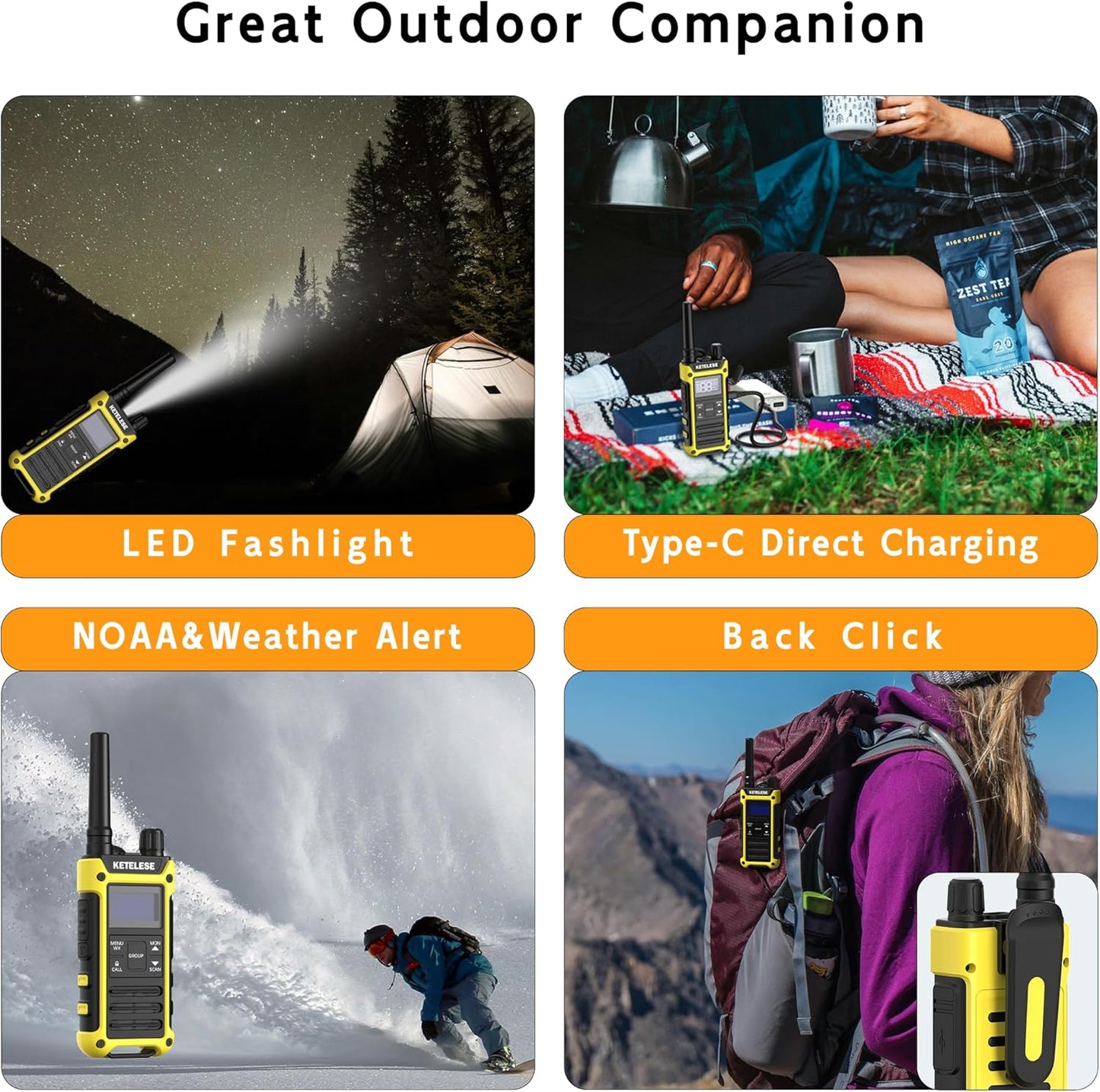 KETELESE T3 FRS IP67 Waterproof Walkie Talkies with USB Mini Charger, 1100mAh Rechargeable Batteries, NOAA Weather Alert, 2 Way Radio for Cruise Ships Surfing, 2pack, Black/Yellow