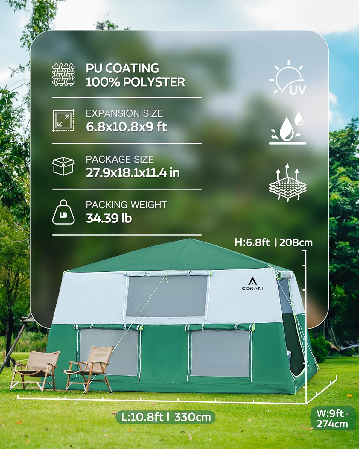 14.1'x6.5'x9' Inflatable Tents for Camping, Portable 6/8/10 Person Blow Up Air Tent, Waterproof Windproof Easy Setup Large Family Tent with 2 Doors, 6 Windows, Mosquito Screen