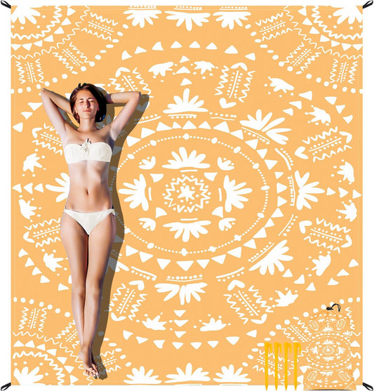 110''×118'' Extra Large Sandproof Beach Blanket 4-8 Adults, Waterproof Foldable Picnic Blankets with 4 Stakes & 4 Pockets, Lightweight Boho Outdoor Beach Mat for Travel, Camping, Hiking