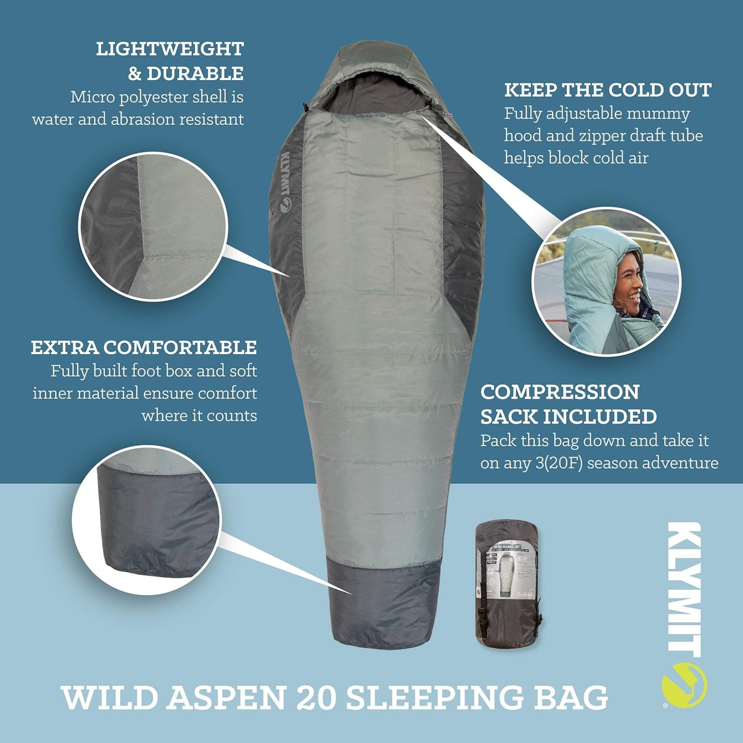 Klymit Sleeping-Bags KLYMIT Wild Aspen Lightweight Mummy Sleeping Bag, Best Gear for Cold Weather Camping, Hiking, Backpacking, Pair with Static V Sleeping Pad (Size Regular to XL)