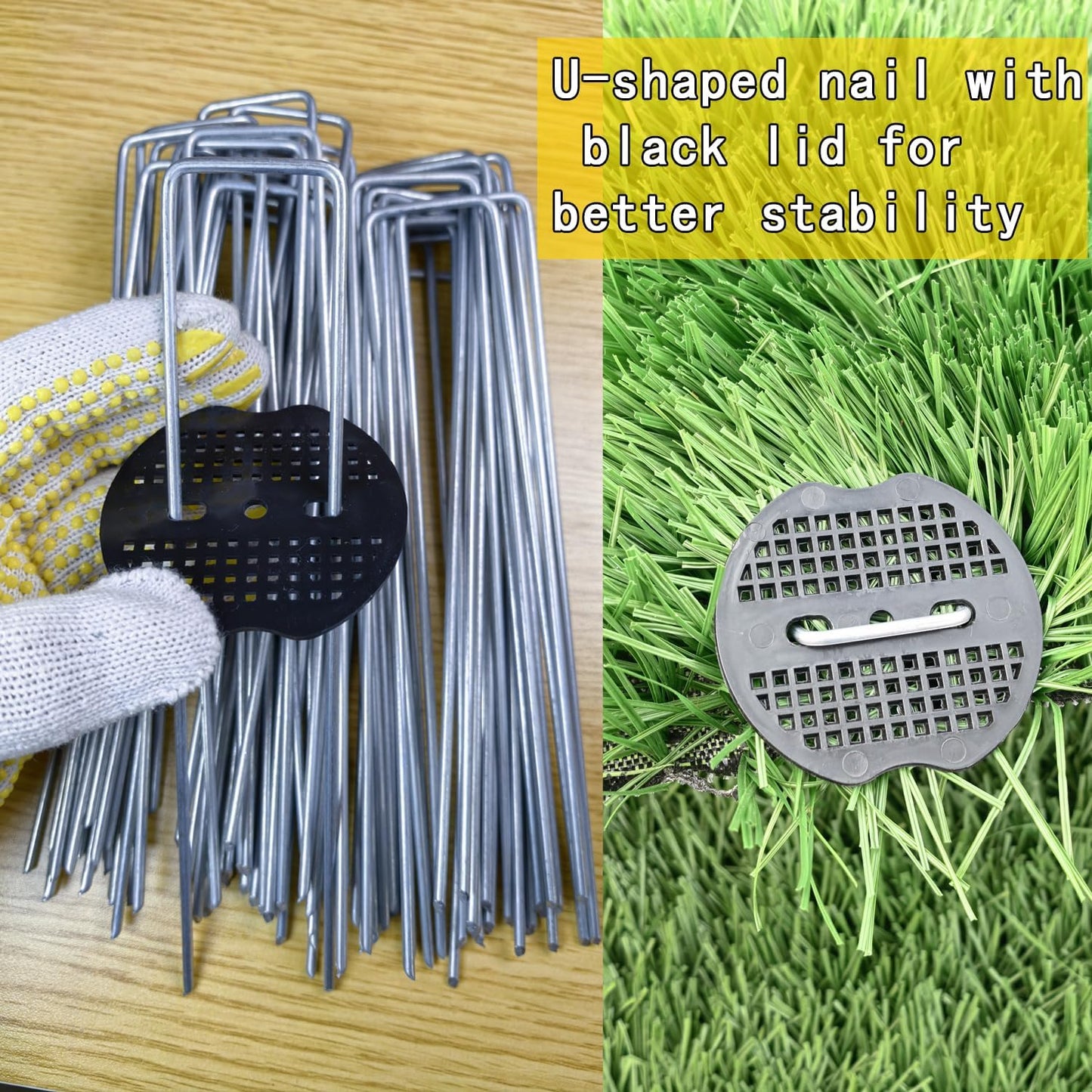 100Pcs Landscape Staples with 100 Gasket with 1Pick Hook, 6 Inch Heavy Duty Garden Stakes 11 Gauge U Shaped Galvanized Lawn Pins for Weed Barrier Fabric