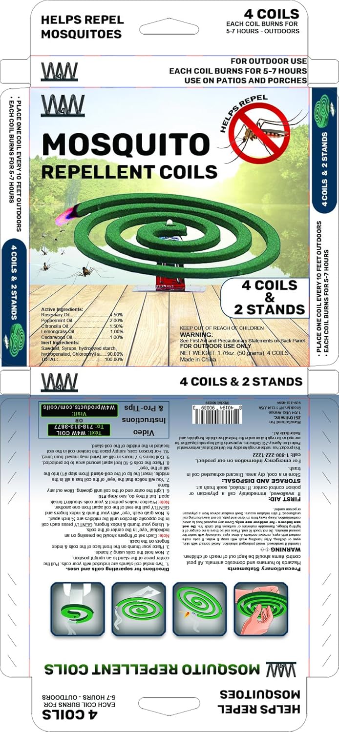 W4W Mosquito Repellent Coils - Outdoor Use Reaches Up to 10 feet - Each Burns for 5-7 Hours (Three Pack Contains 12 coils & 6 Stands)