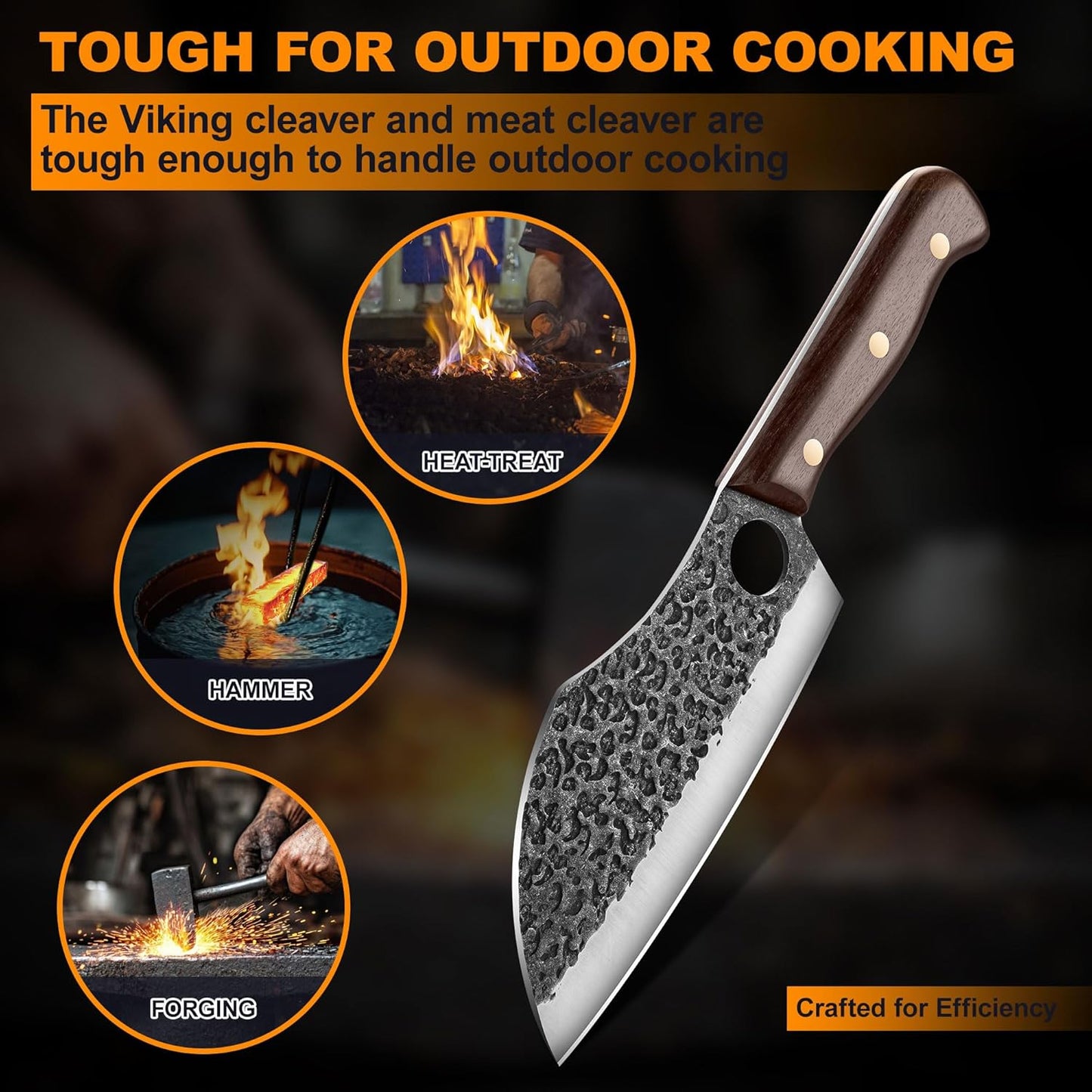 KINGOD 3-Piece Outdoor Butcher Knife Set with Bag & Gloves & Whetstone, Hand-Forged Full Tang Hunting Cleaver, Viking Boning Knife & Meat Knife for Camping, BBQ & Meat Processing