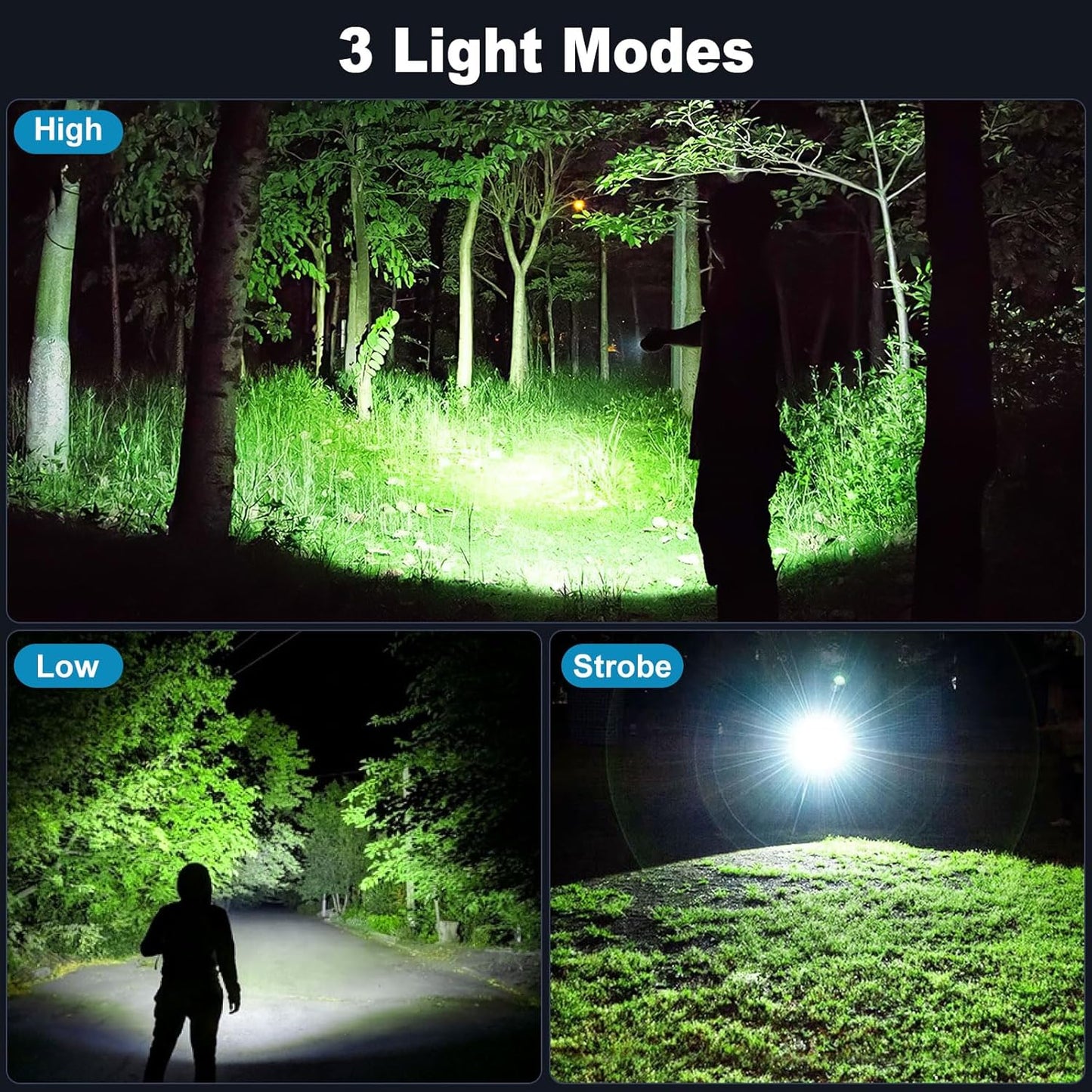 KINGCAESAR 3 Pack Rechargeable Flashlights 90,000 High Lumens, Super Bright LED Flash Light with 3 Light Modes, High Power Flashlight with Charging Cables, IPX7 Waterproof for Camping, Outdoor, Home