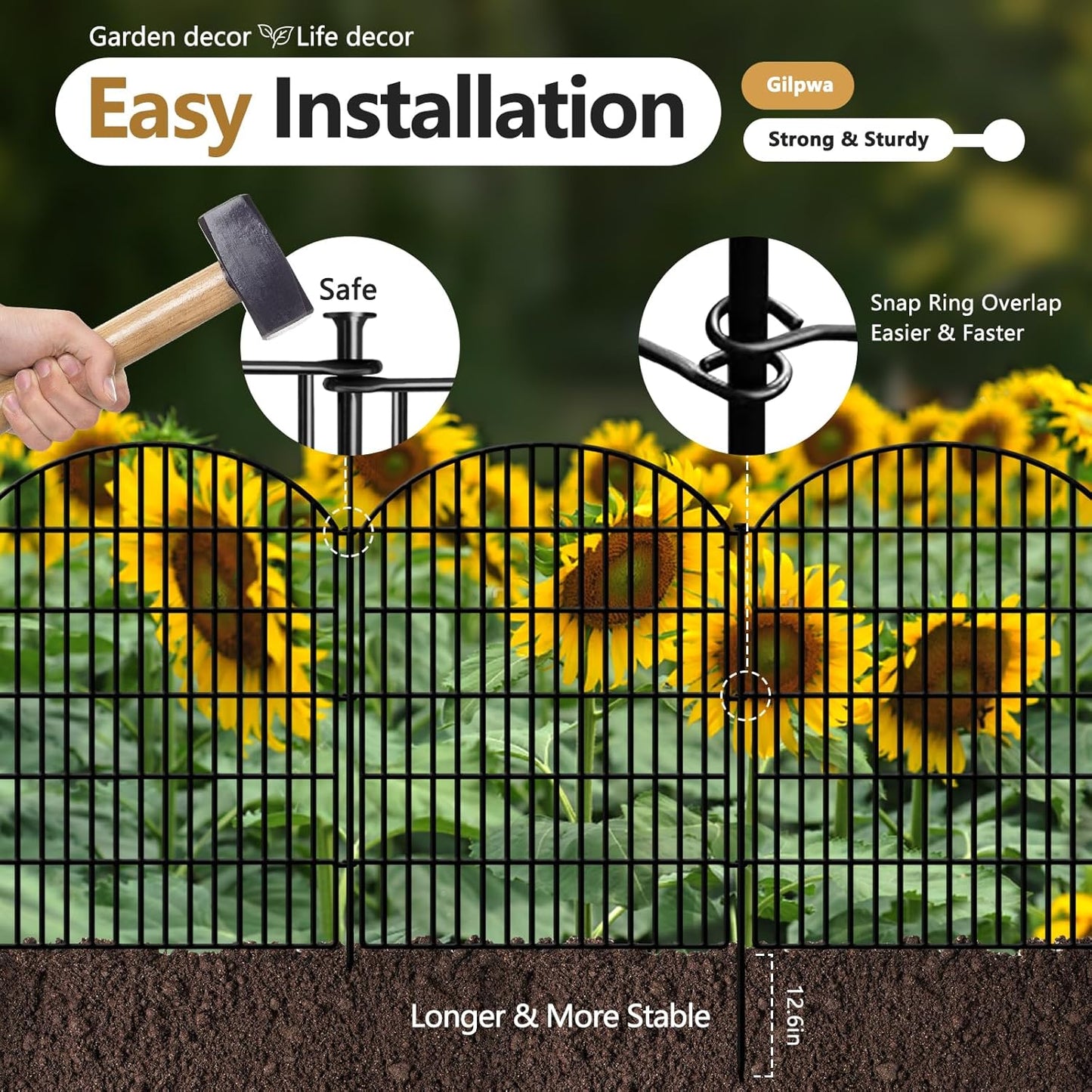 10 Panels No Dig Decorative Outdoor Garden Fence for Yard, 33in (H) x 22.31ft (L) Animal Barrier Fencing Rustproof Metal Panel Border for Dog, Rabbits Patio Camping Temporary Ground Stakes