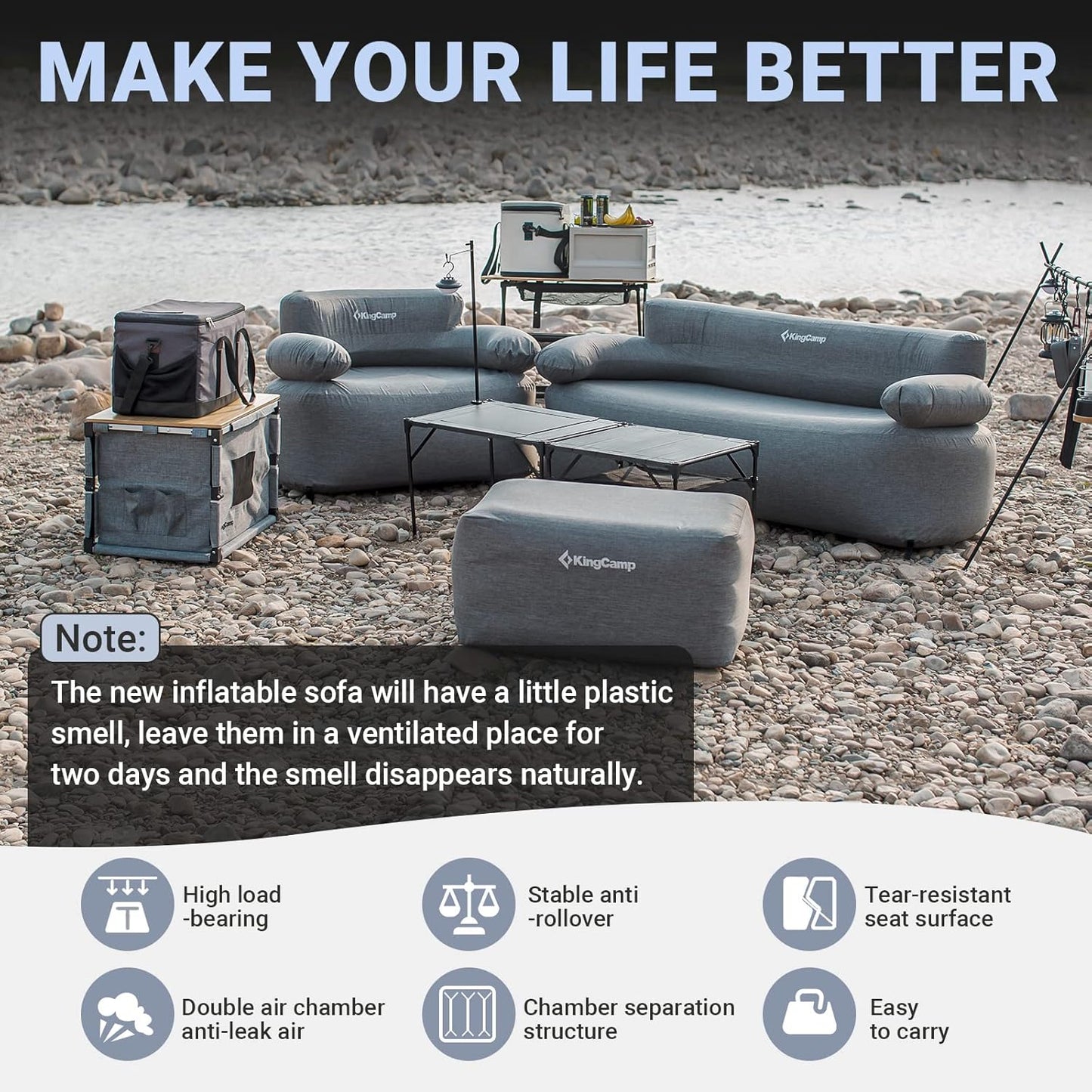 KingCamp Double Inflatable Couch for Camping, Portable Foldable Eco-Friendly Reach-Certified PVC Liner Air Lounger 2-Person Blow Up Sofa with Foot Pump, Pegs, Repair Kit & Removable Cover