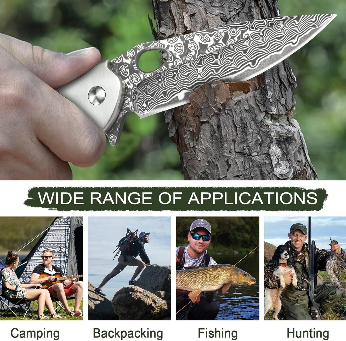 KOMWERO Damascus Pocket Knife for Men, VG10 Core Damascus Steel Folding Knife with Wood Handle, Ball Bearing, Thumb Hole, Liner Lock, Sheath for EDC Outdoor Survival Hunting