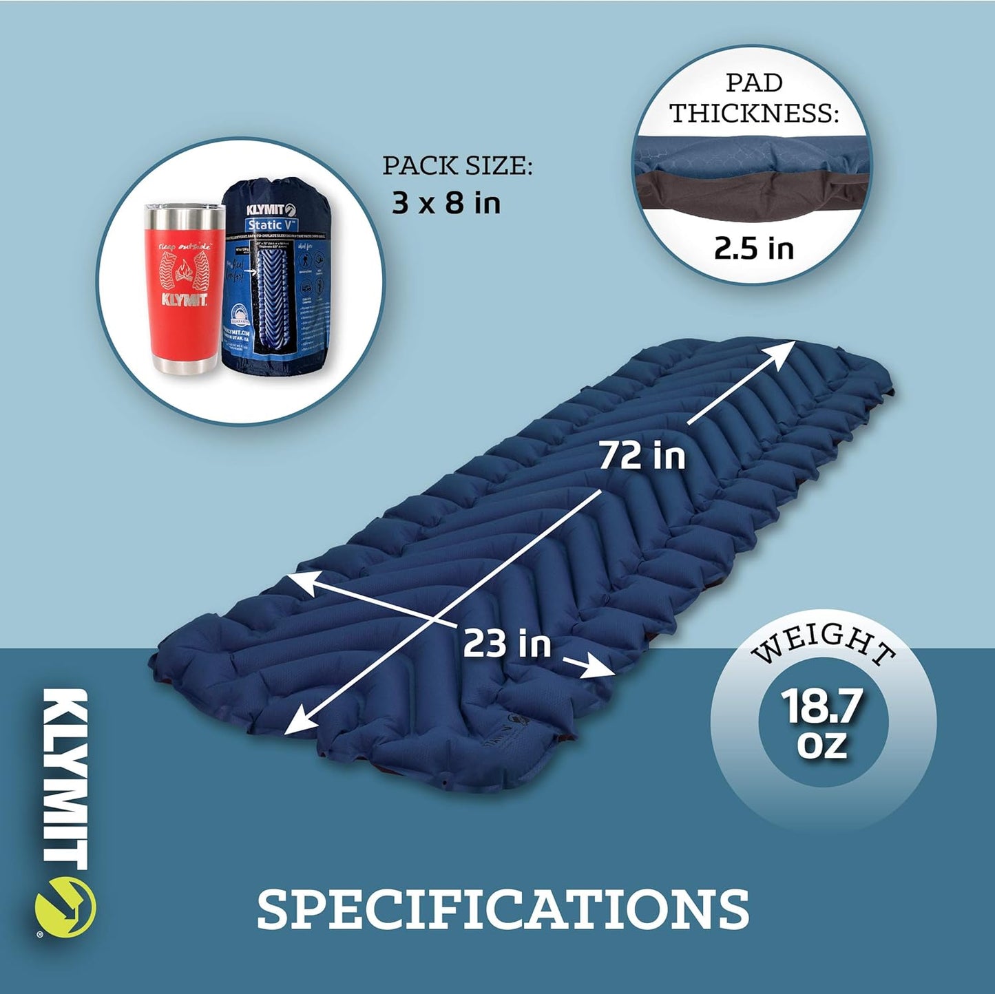 KLYMIT STATIC V Sleeping Pad, Lightweight, Outdoor Sleep Comfort, Best Camping Gear for Backpacking and Hiking, Inflatable Camping Mattress