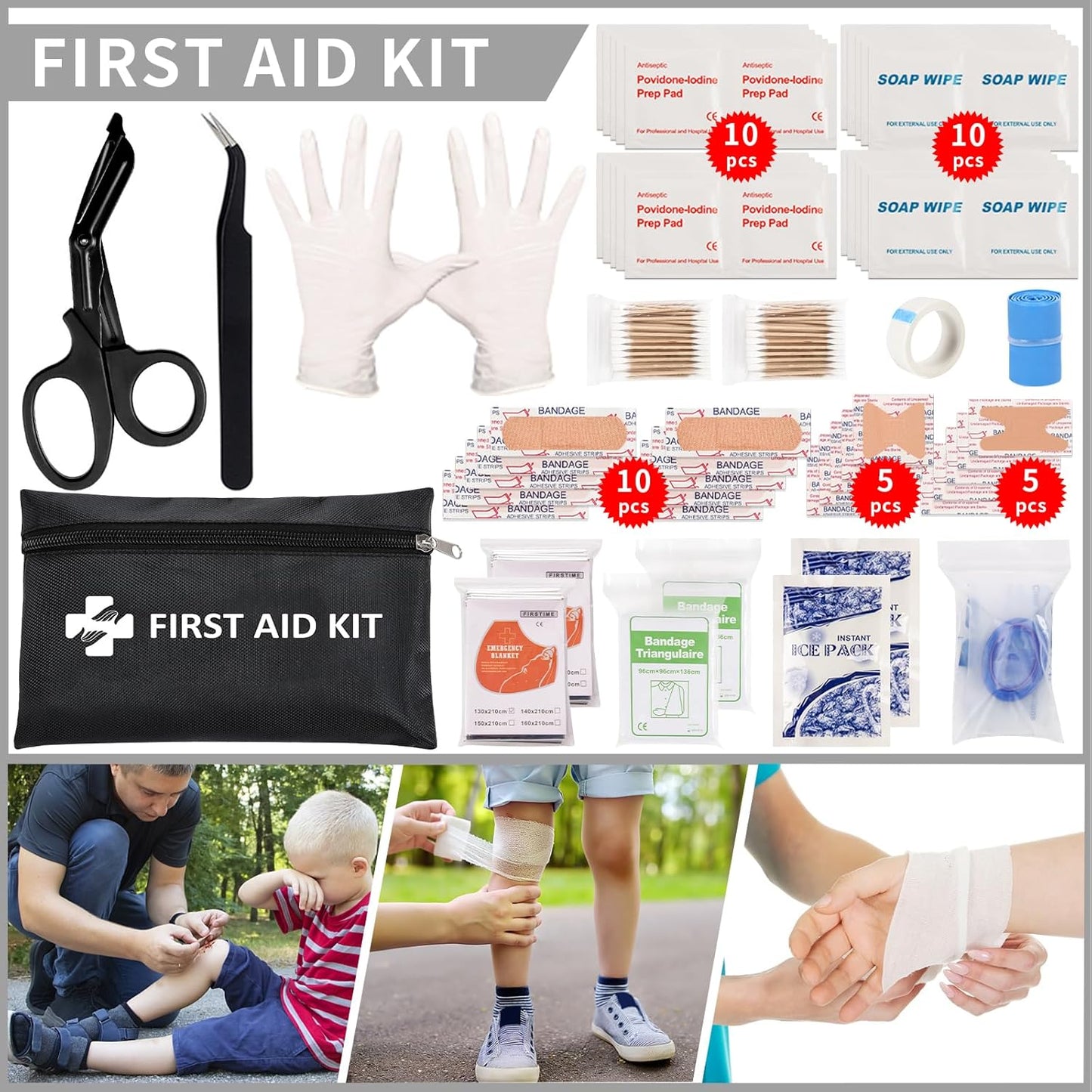 145 Pieces Emergency Survival First Aid Kit with Splint for Trauma Wound Care Blow Out for Camping Outdoor Earthquake and Adventures, Black