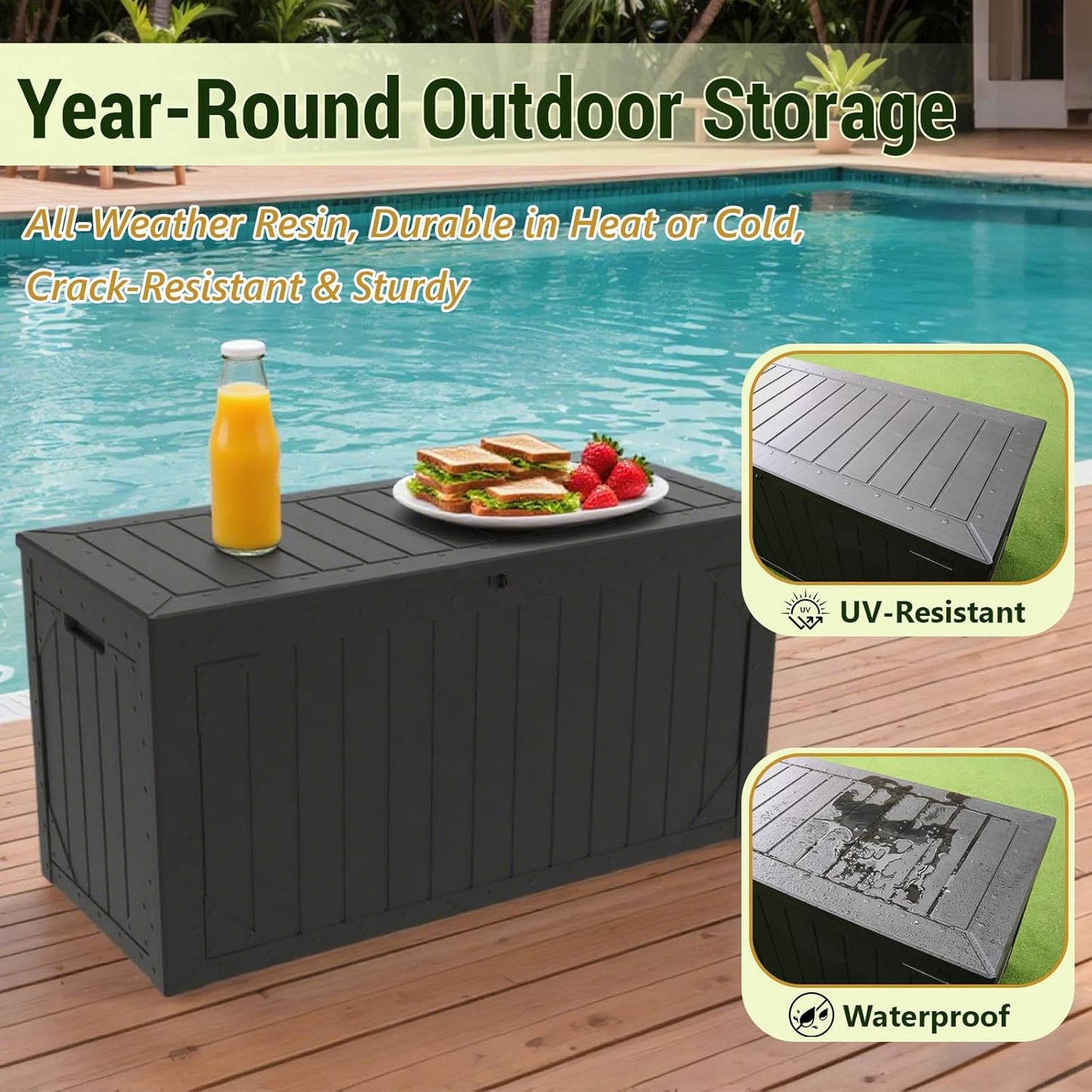 100 Gallon Resin Deck Box, Waterproof Outdoor Storage Bin for Patio Furniture, Pool Accessories, and Garden Tools, Lockable & UV-Resistant, Black