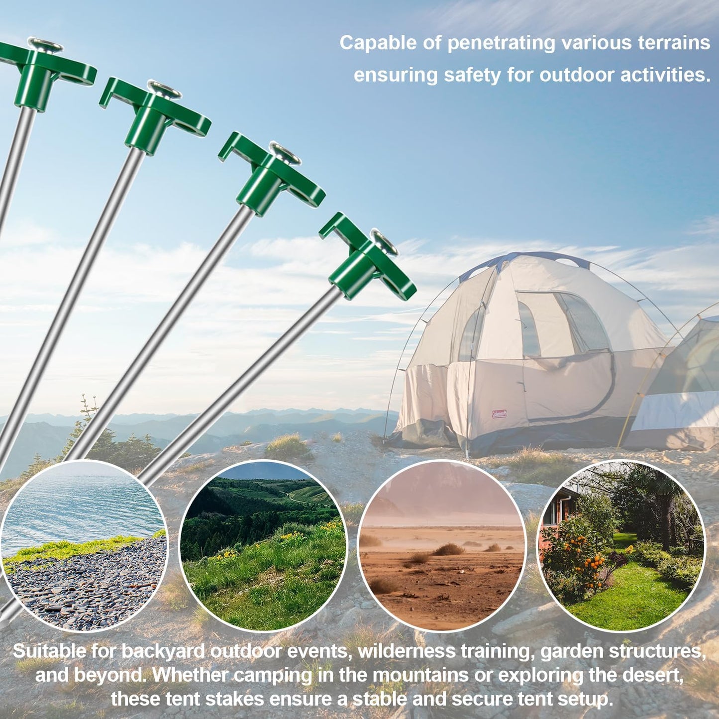 10PCS Tent Stakes Heavy Duty Camping Tent Stakes 7Inch Non-Rust Metal Tent Pegs with 10pcs Rubber Protective Sleeve (Green)