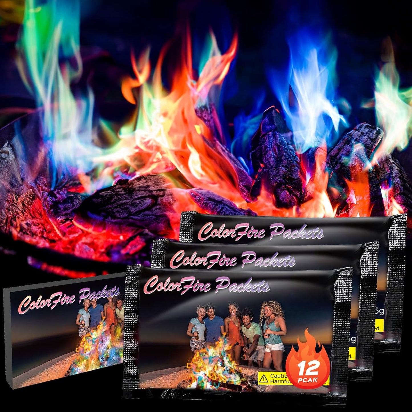 12 Pack Colorful Flames Color Fire Packets Fire Pit for Campfire,Fire Color Packets Camping Accessories for Kids & Adults,Outdoor Fire Changing Flame Powder. (12 Packets)