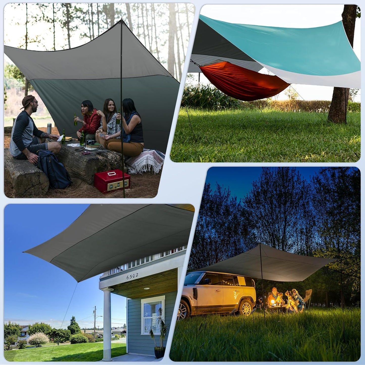 12X14FT Camping Tarp with 2 Poles, UV UPF50+ Lightweight Car Awning Sun Shelter, PU3000 Waterproof Tarp for Camping, Hiking and Backpacking Trips