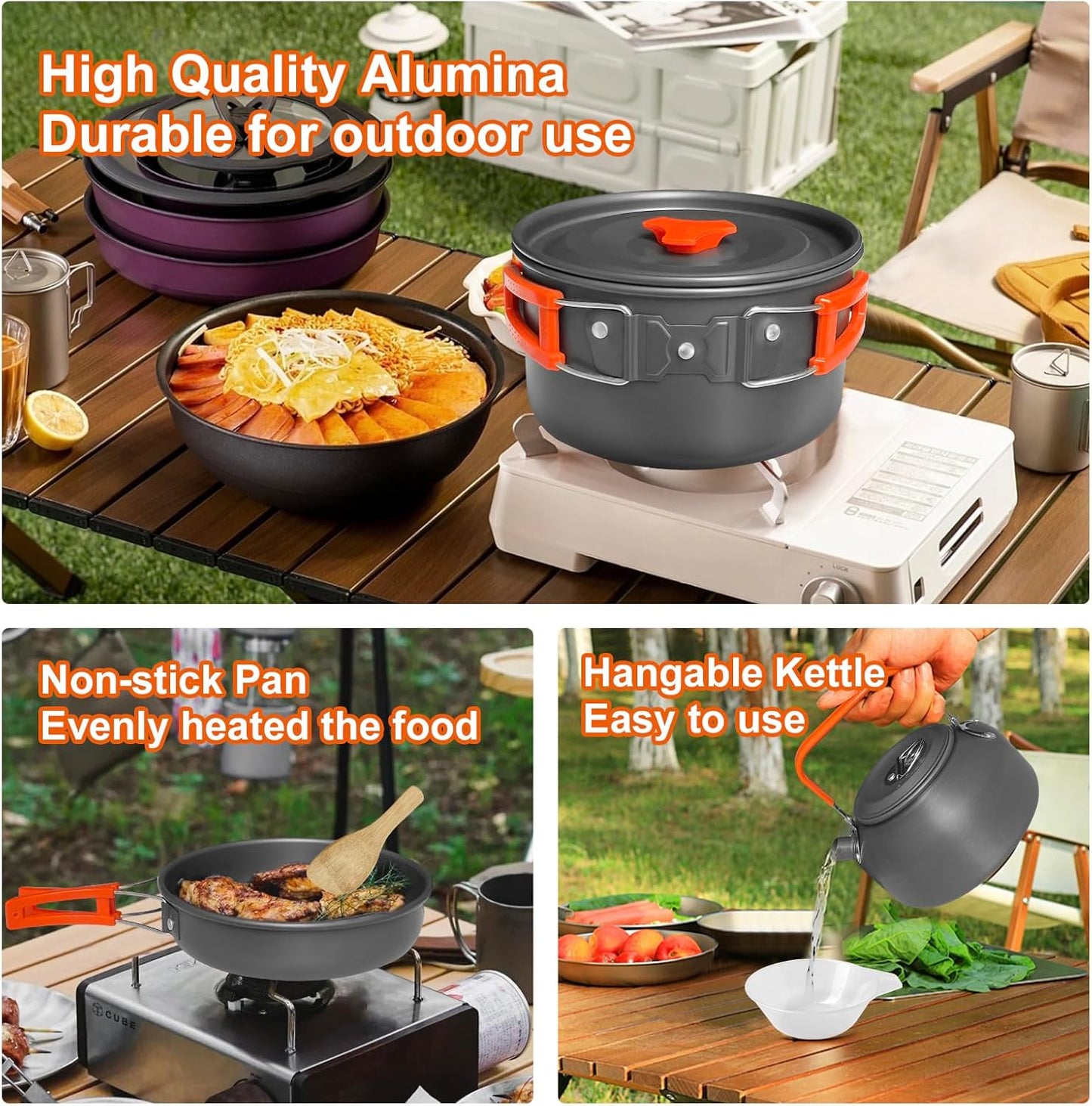 15pcs Camping Cookware, 1.7L Pot, 7inches Pan, 0.8L Kettle Set with Plates Stainless Steel Forks Knives Spoons Camping Cookware Mess Kit for Hiking,Camping,Backpacking,Outdoor Cooking