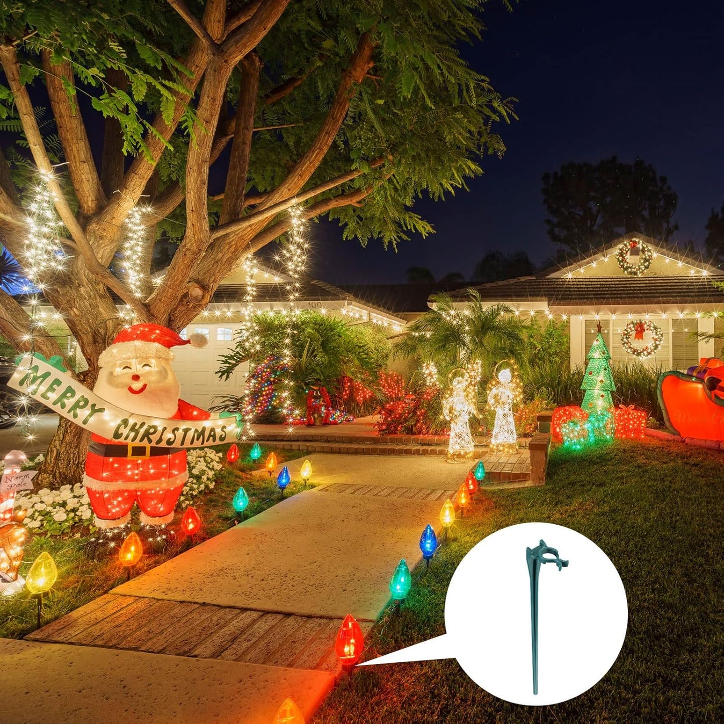 Jetec 120 Pieces Christmas Light Stakes Universal Yard Lawn Holiday 7.5 Inches Light Ground Stakes for C7 C9 String Lights Christmas Outdoor Lights Holders on Yards, Driveways (Green)