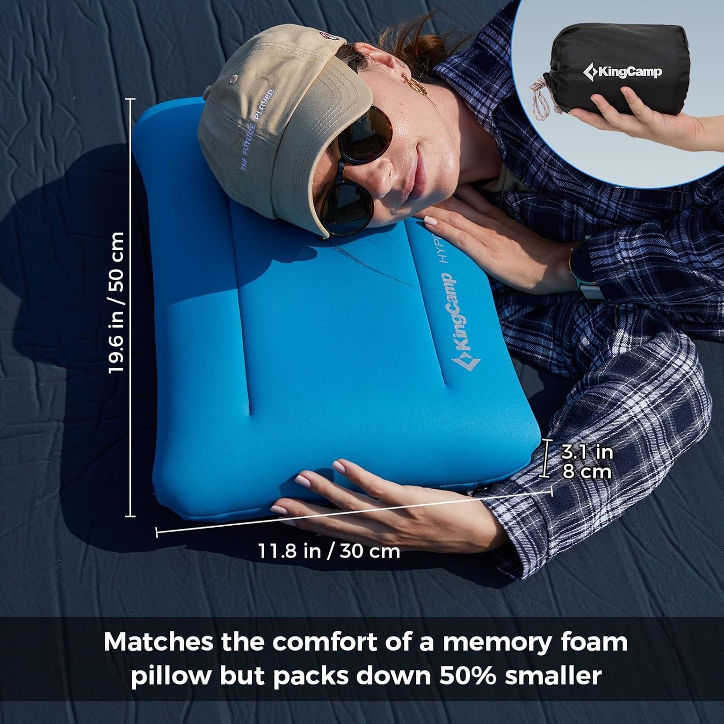 KingCamp Inflatable Pillow for Camping, Extra Large Camping Pillow, Portable Ergonomic Air Pillow with Removable Washable Memory Foam Cover for Camp, Hiking, Car, Beach, Travel
