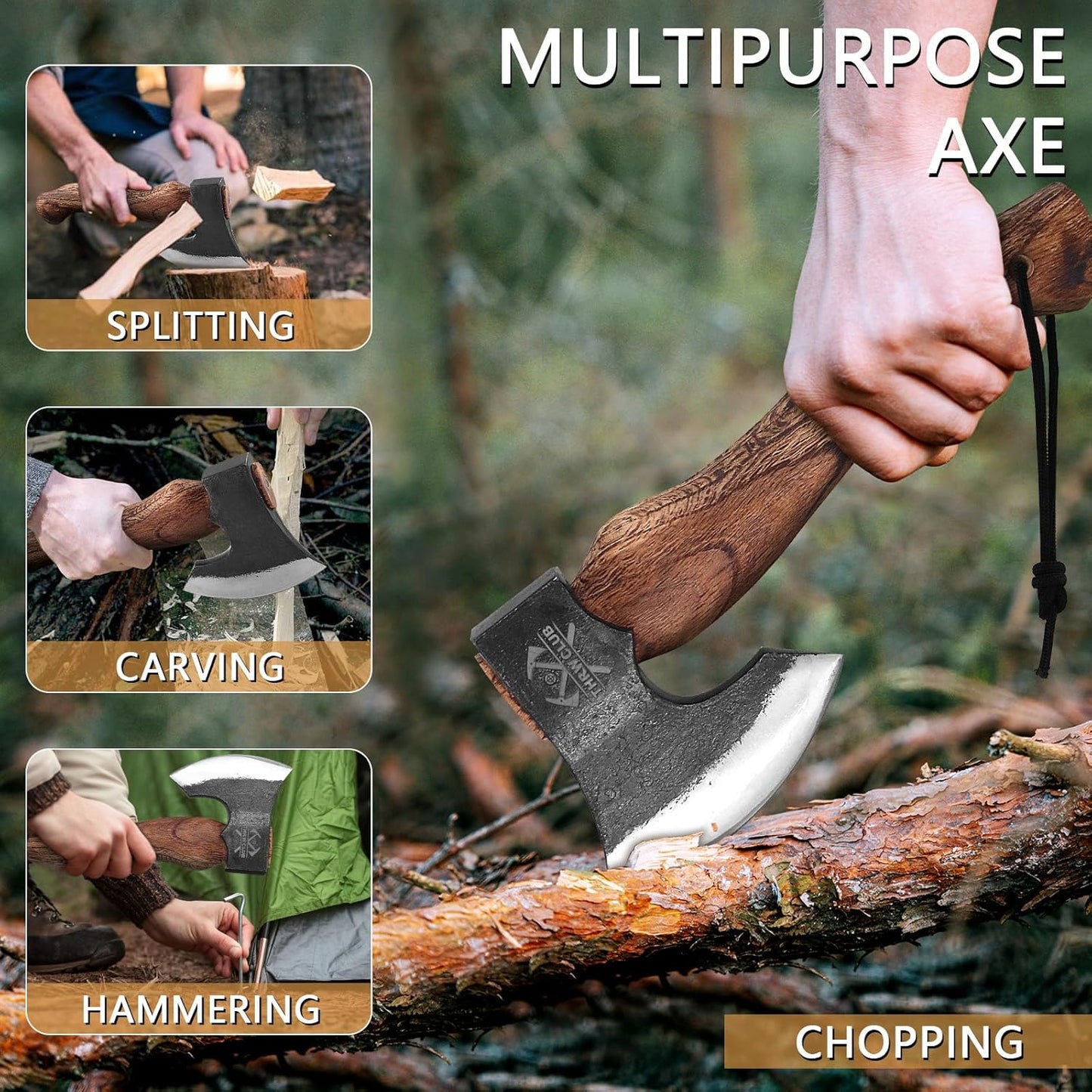 10.7 Inch Hatchet Axe, Camping Hatchet with 1065 High Carbon Steel and Leather Sheath, Bushcraft Hatchete for Chopping and Wood Splitting, Perfect for Outdoor Survival and Adventures