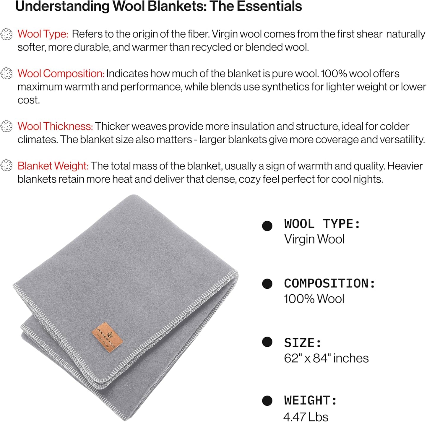 100% Wool Blanket - Premium Ultra-Soft, Thick, Warm, Large 62"x 84" Bed & Camping Blanket for Outdoor, Home, Indoor, Bushcraft & Survival