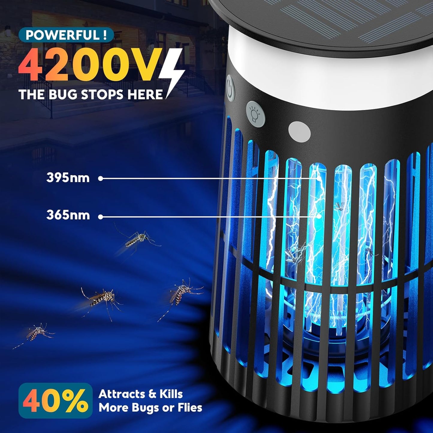 Solar Bug Zapper Outdoor, 5-in-1 Mosquito Zapper 4200V with Flame Light Mode, Waterproof Portable Fly Zapper, Electric Cordless Fly Insect Mosquitoes Trap Killer for Patio Yard Home Camping Party